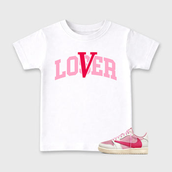 Varsity Loser Lover affordable baby and kids t-shirt designed to match the Air Jordan 1 Travis Scott Tropical Pink, featuring coordinated White 1 options for the perfect little sneakerhead streetwear look.