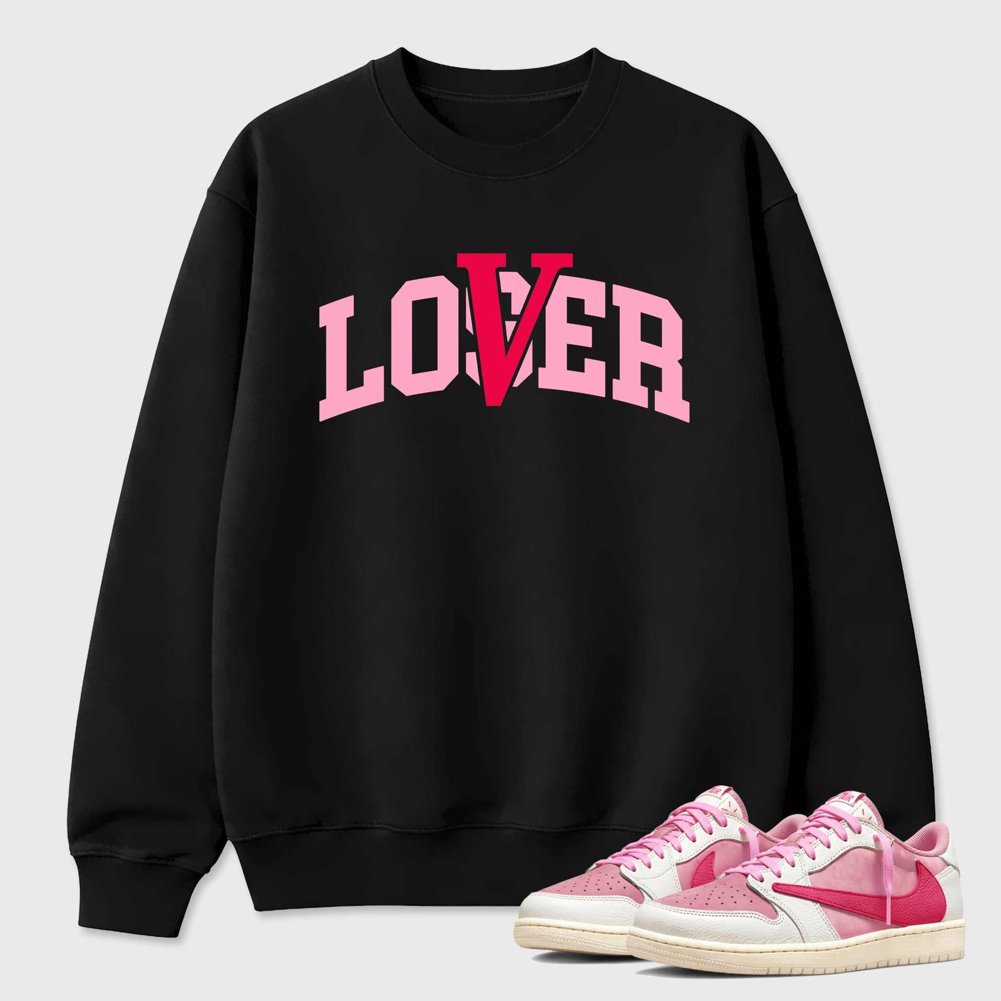 Varsity Loser Lover Graphic T-Shirt sneaker match tee designed for the Air Jordan 1 Travis Scott Tropical Pink, featuring coordinated color options for a perfect streetwear match. Black 1 shirt.