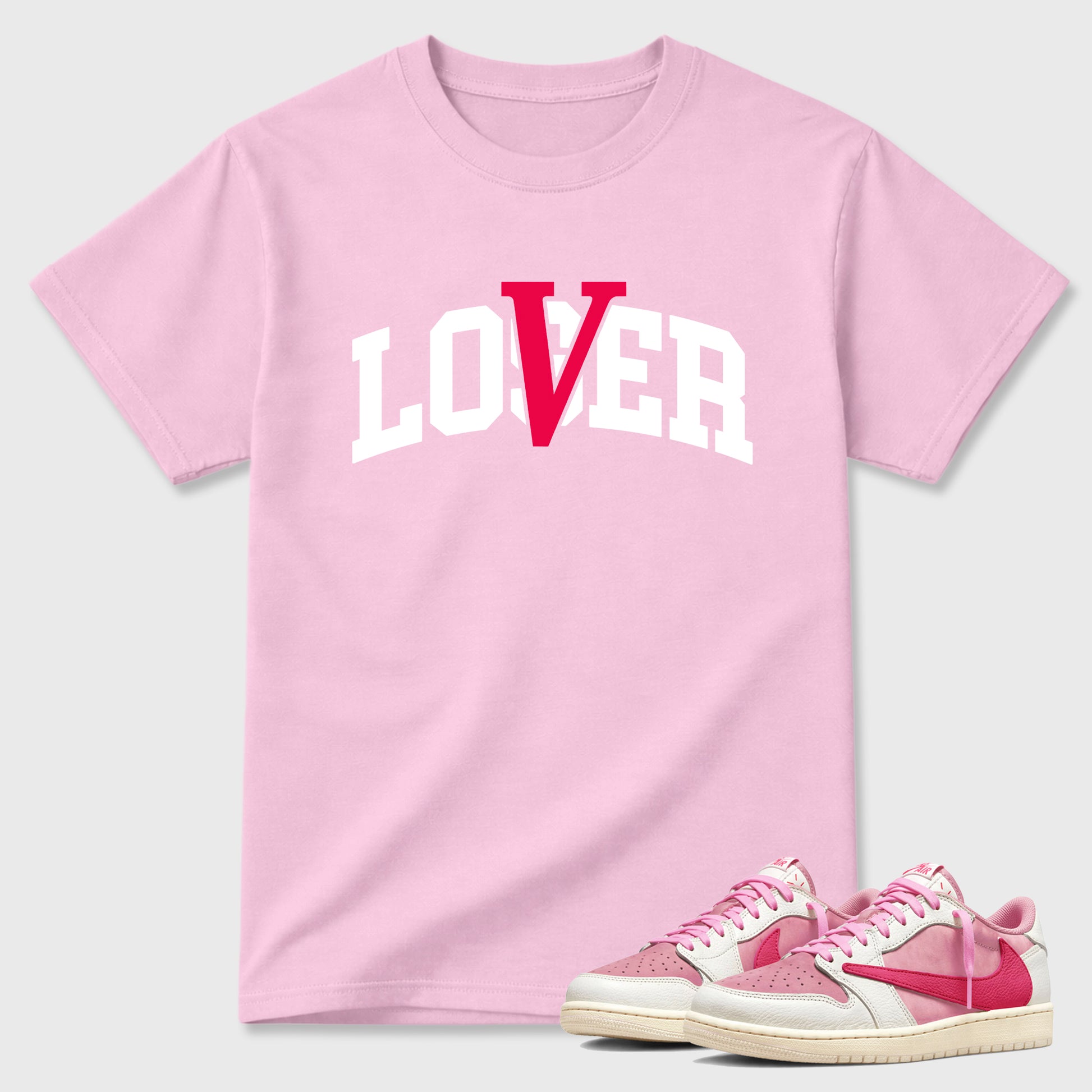 Varsity Loser Lover Graphic T-Shirt sneaker match tee designed for the Air Jordan 1 Travis Scott Tropical Pink, featuring coordinated color options for a perfect streetwear match. Pink 1 shirt.