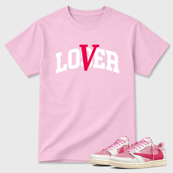 Varsity Loser Lover Graphic T-Shirt sneaker match tee designed for the Air Jordan 1 Travis Scott Tropical Pink, featuring coordinated color options for a perfect streetwear match. Pink 1 shirt.