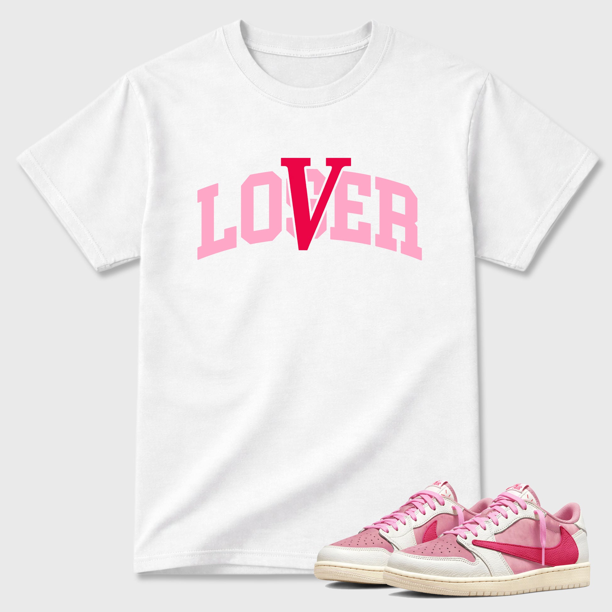 Varsity Loser Lover Graphic T-Shirt sneaker match tee designed for the Air Jordan 1 Travis Scott Tropical Pink, featuring coordinated color options for a perfect streetwear match. White 1 shirt.