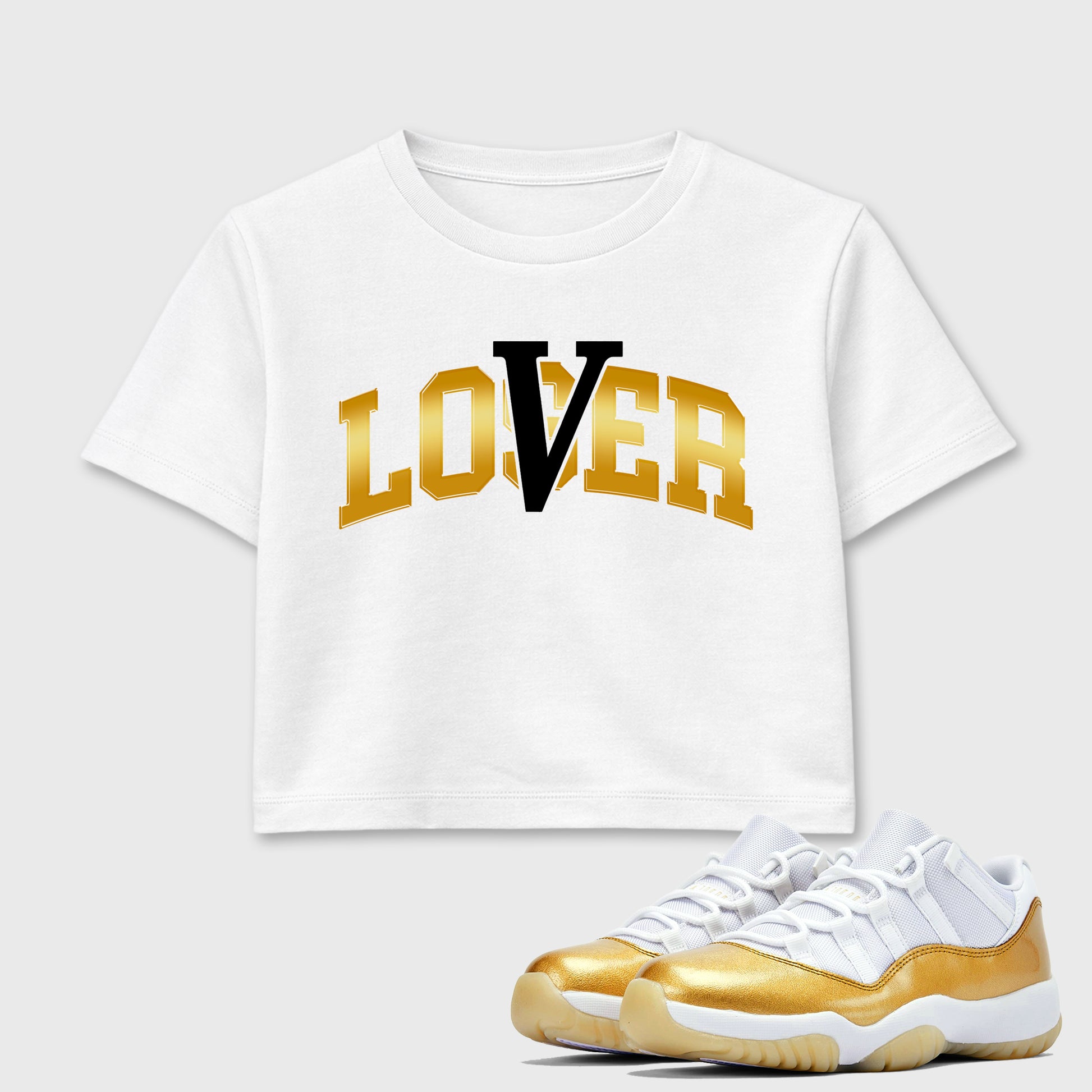 Sneaker match tees – Sneaker Tees To Match Air Jordan 11 Mother's Day Shoes – Varsity Loser Lover Crop T-Shirt White 1