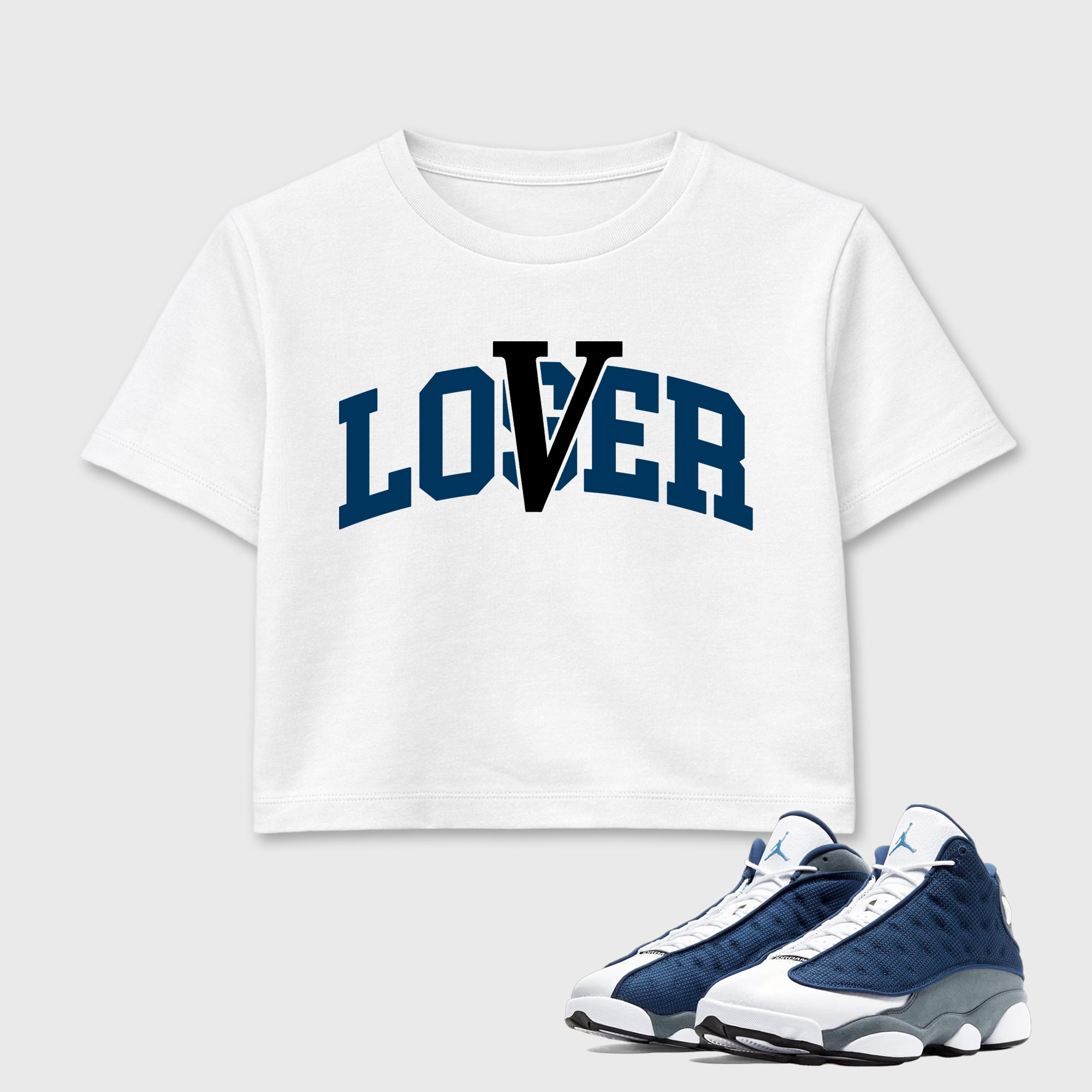 Varsity Loser Lover women’s crop tee designed to match the Air Jordan 13 Flint, featuring coordinated White 1 options for a perfect streetwear vibe.