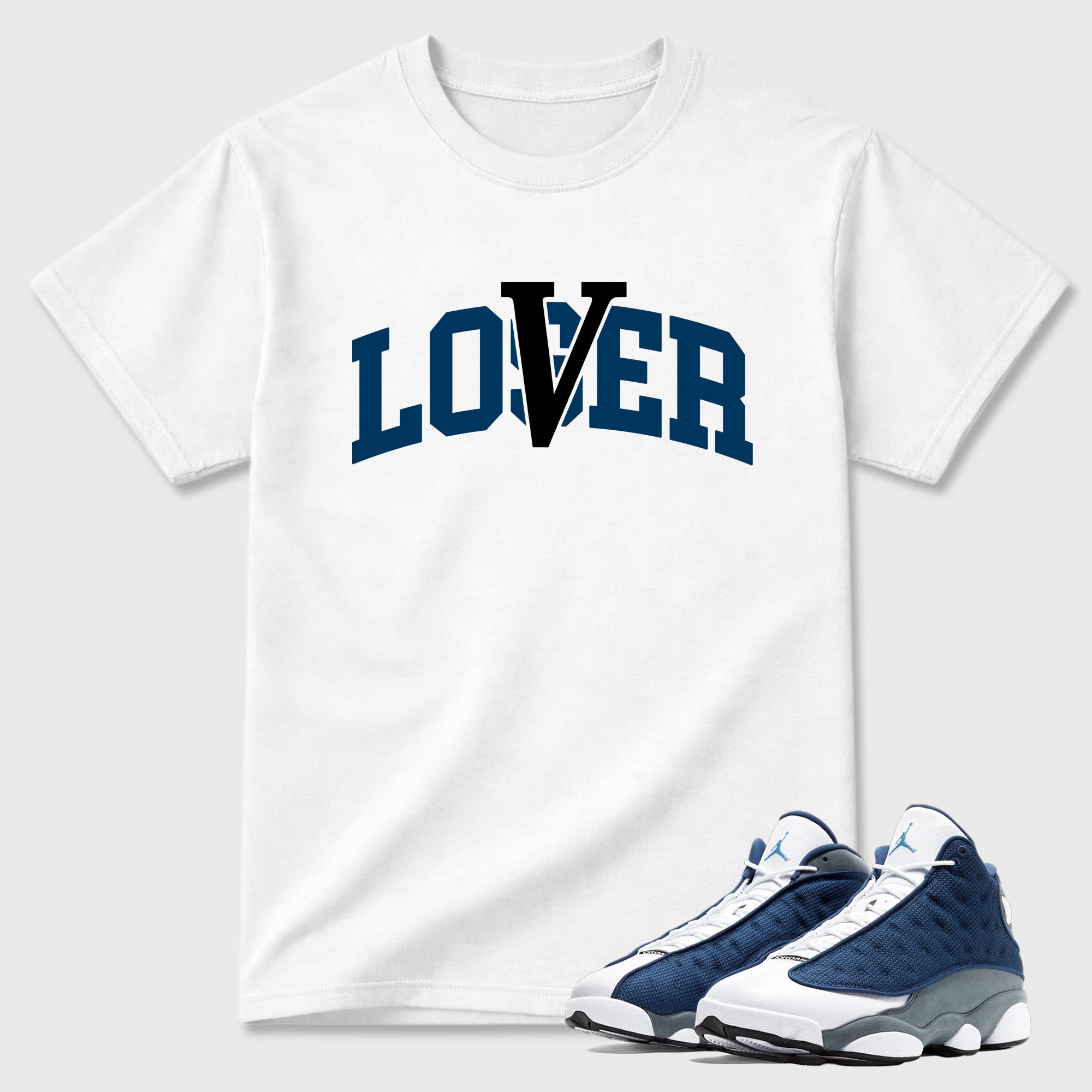 Varsity Loser Lover Graphic T-Shirt featuring original streetwear artwork designed to match the Air Jordan 13 Flint. White 1 Graphic T-Shirt.