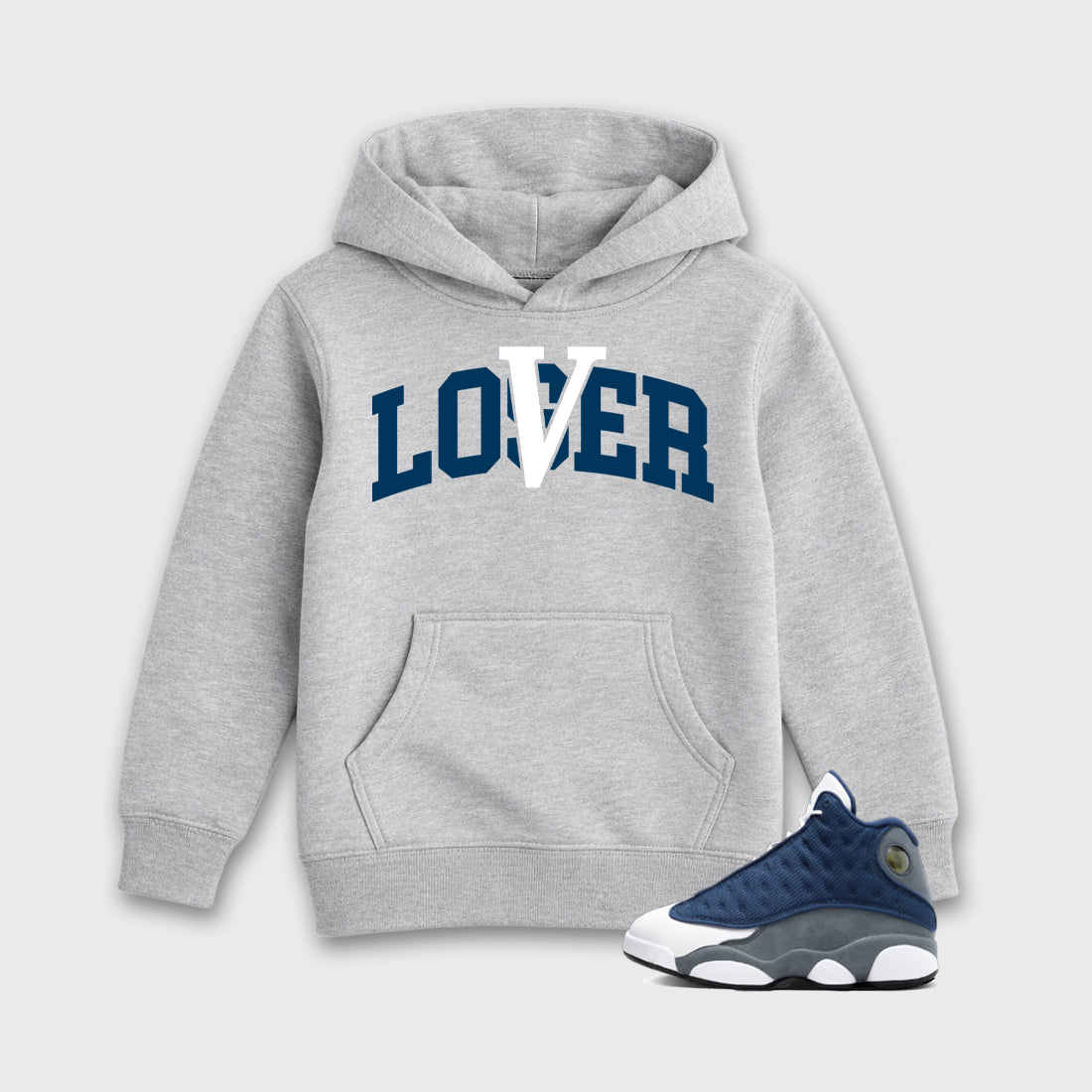 Varsity Loser Lover Baby & Kids Graphic Hoodie featuring original artwork designed to match the Air Jordan 13 Flint. Heather Grey 1 Kids Graphic Sweater.