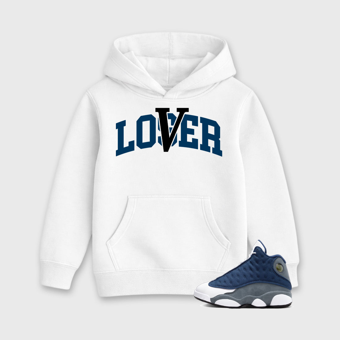 Varsity Loser Lover Baby & Kids Graphic Hoodie featuring original artwork designed to match the Air Jordan 13 Flint. White 1 Kids Graphic Sweater.