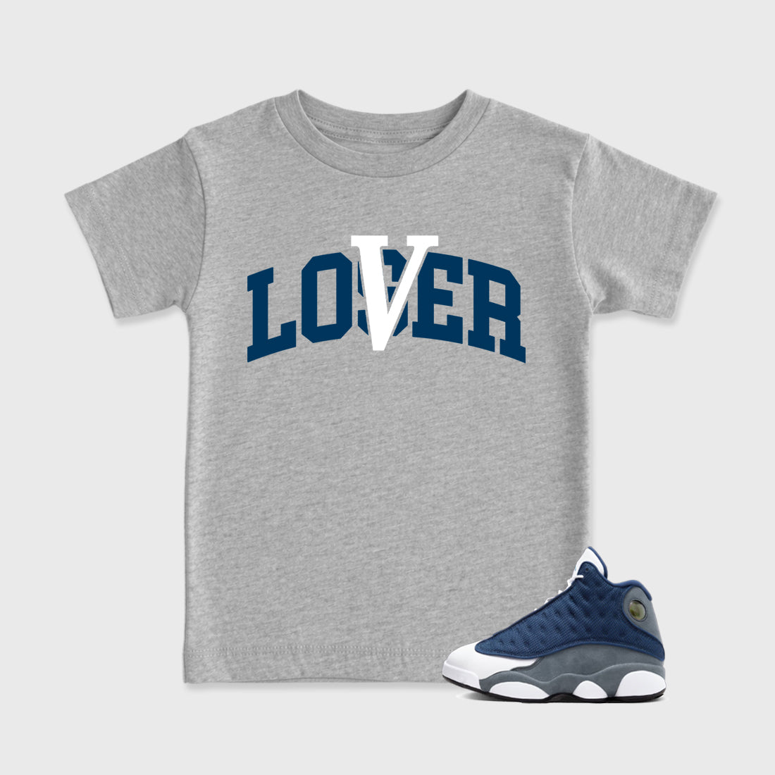 Varsity Loser Lover Baby & Kids Graphic T-Shirt featuring original artwork designed to match the Air Jordan 13 Flint. Heather Grey 1 Kids Graphic Tee.