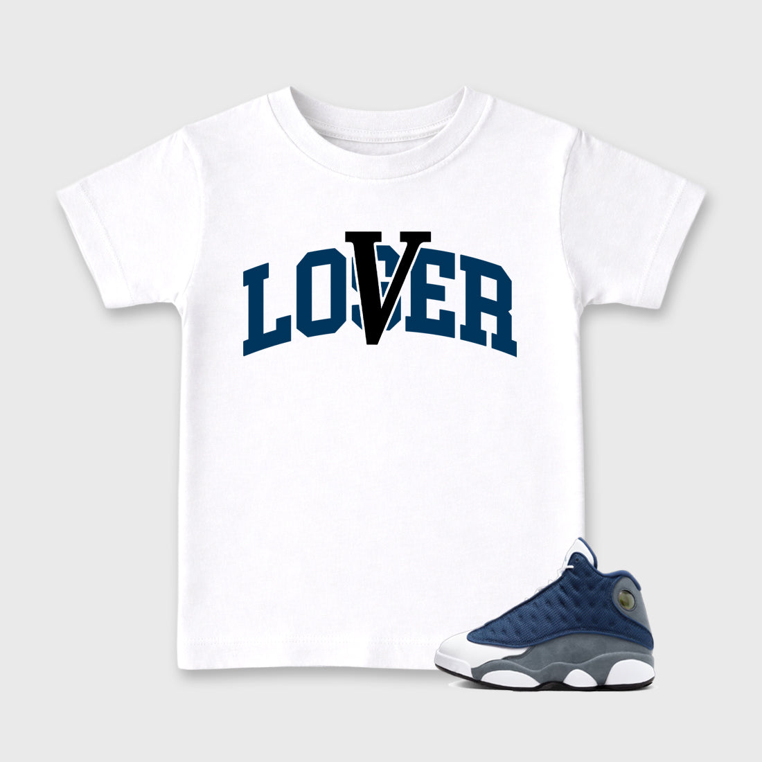 Varsity Loser Lover Baby & Kids Graphic T-Shirt featuring original artwork designed to match the Air Jordan 13 Flint. White 1 Kids Graphic Tee.