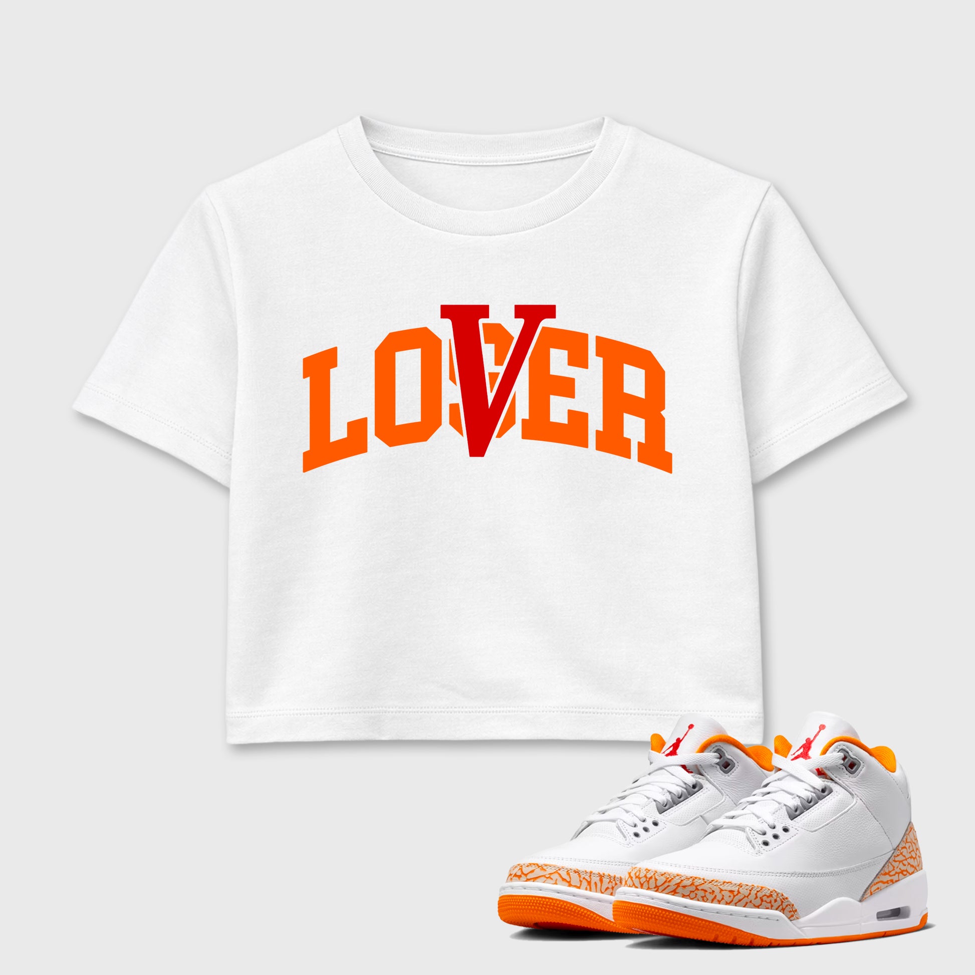 Sneaker match tees – Sneaker Tees To Match Air Jordan 3 Orange Citrus Shoes – Varsity Loser Lover Crop T-Shirt White 1