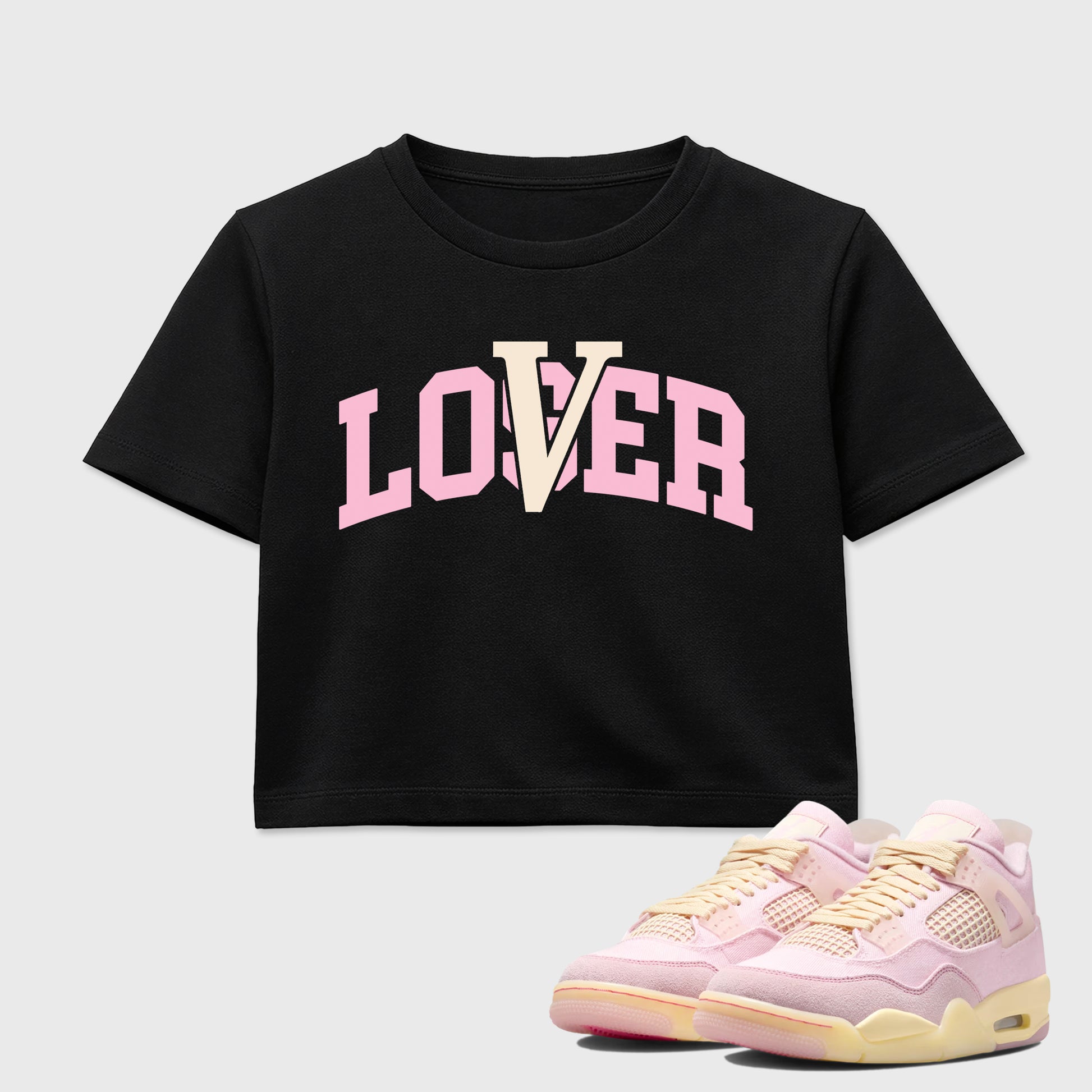 Sneaker match tees – Sneaker Tees To Match Air Jordan 4 Iced Carmine Shoes – Varsity Loser Lover Crop T-Shirt Black 1