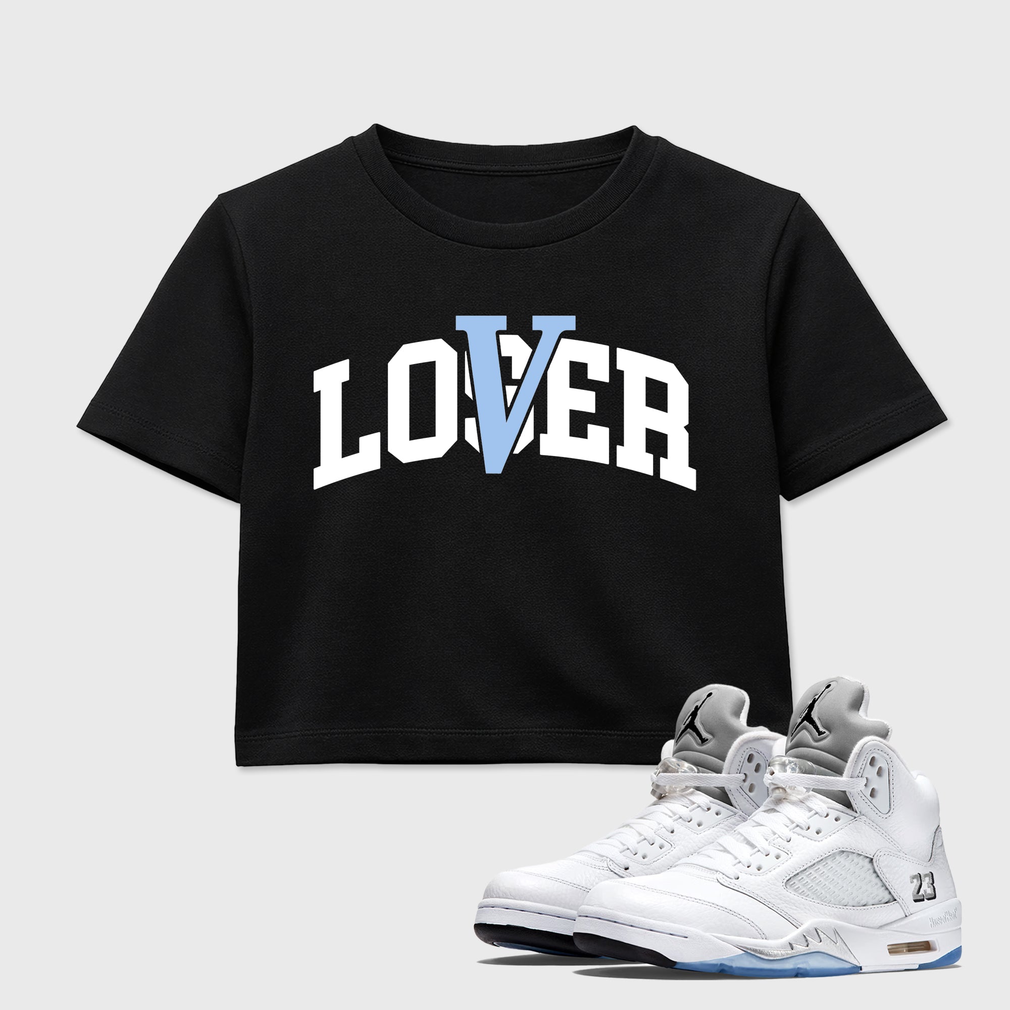 Sneaker match tees – Sneaker Tees To Match Air Jordan 5 White Metallic Shoes – Varsity Loser Lover Crop T-Shirt Black 1