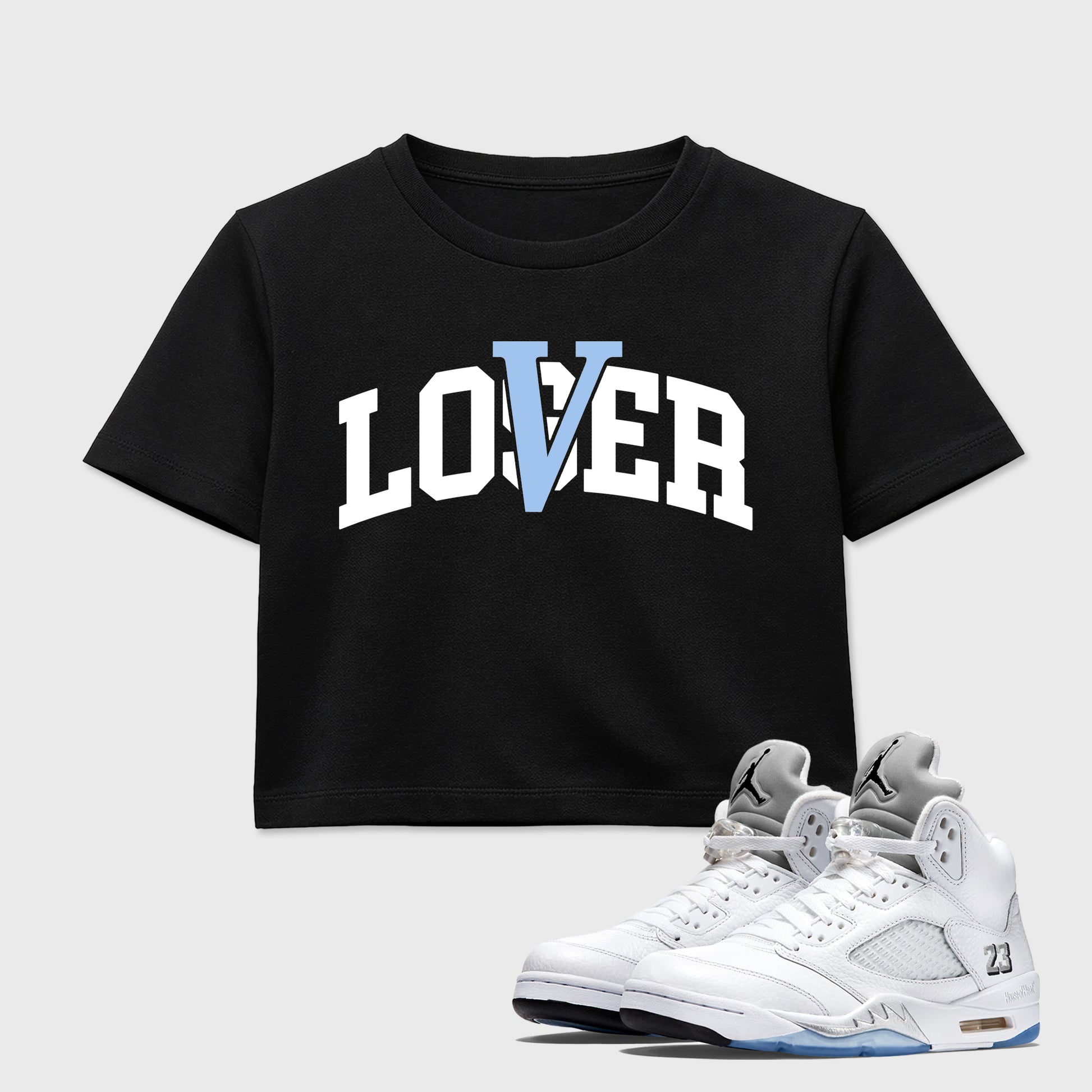 Sneaker match tees – Sneaker Tees To Match Air Jordan 5 White Metallic Shoes – Varsity Loser Lover Crop T-Shirt Black 1