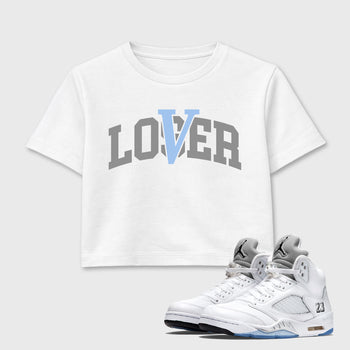 Sneaker match tees – Sneaker Tees To Match Air Jordan 5 White Metallic Shoes – Varsity Loser Lover Crop T-Shirt White 1