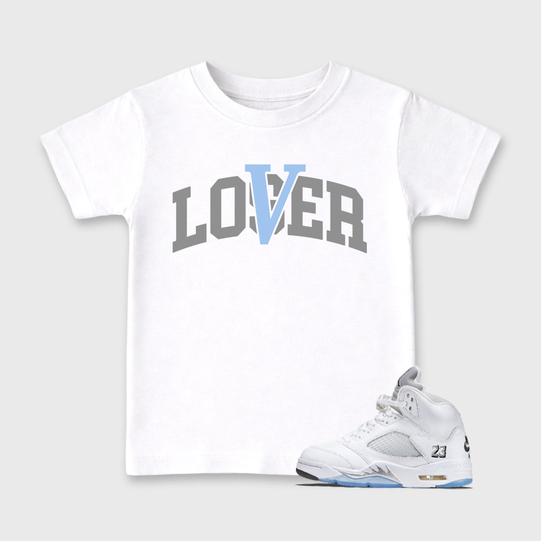 Sneaker match tees – Sneaker Tees To Match Air Jordan 5 White Metallic Shoes – Varsity Loser Lover Kids T-Shirt White 1