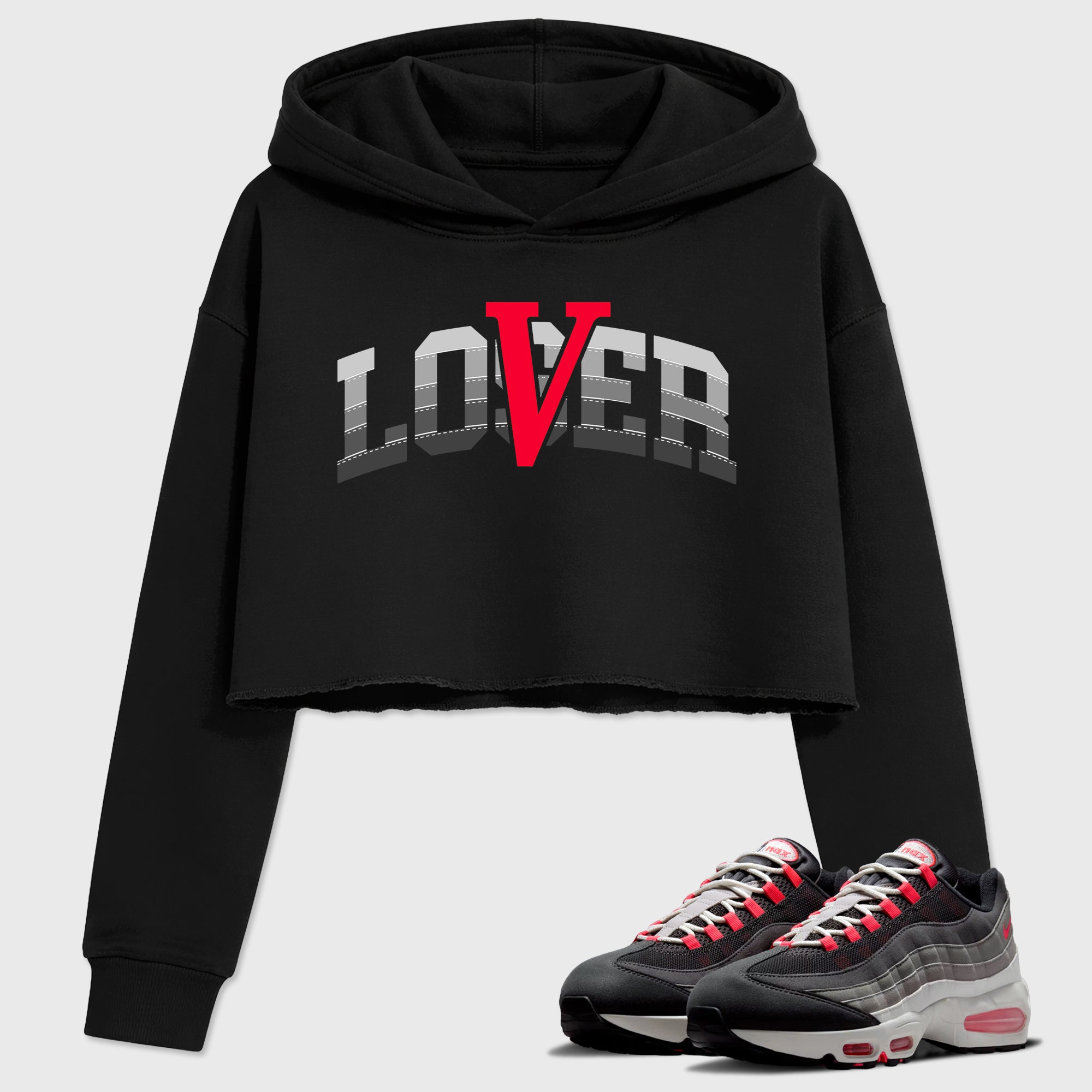 Varsity Loser Lover Women’s Graphic Crop Tee featuring original streetwear artwork designed to match the Air Max 95 Reverse Solar Red. Black 1 Crop Tee.