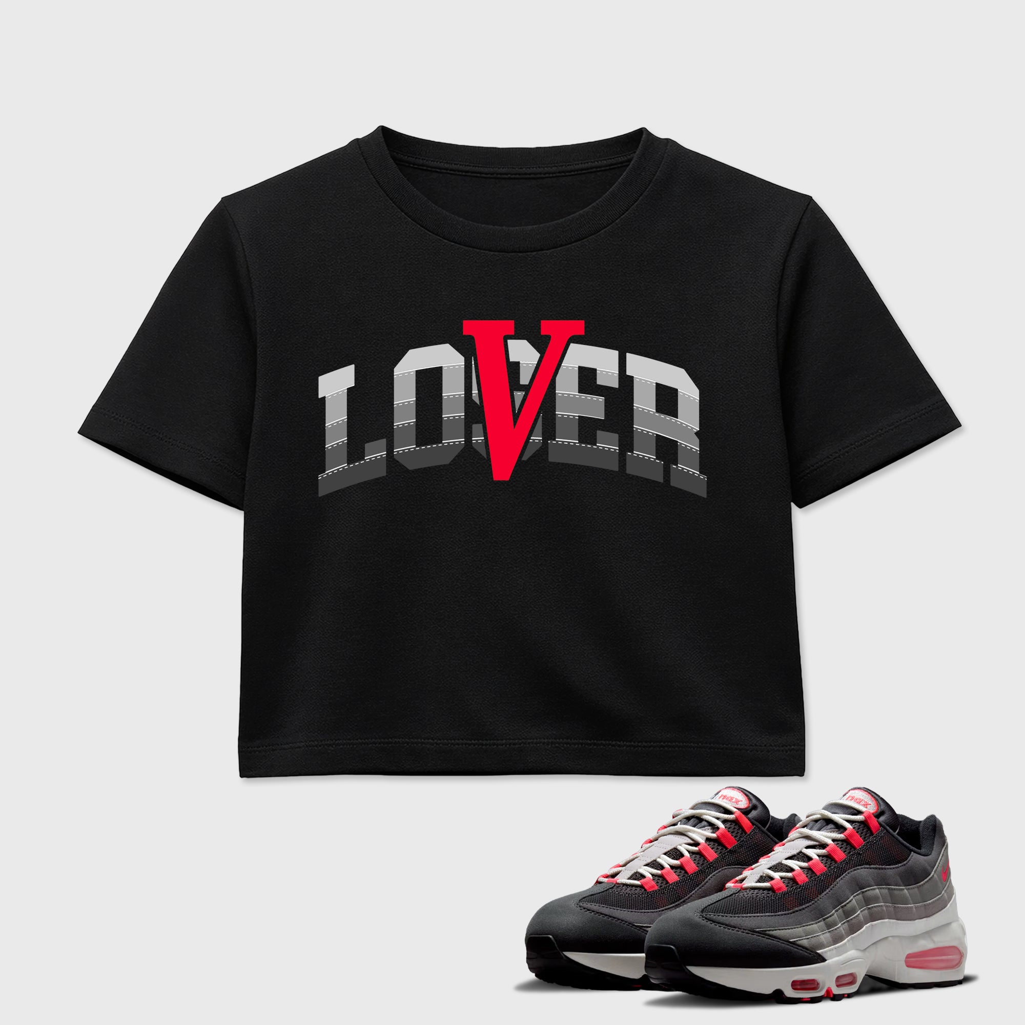 Varsity Loser Lover women’s crop tee designed to match the Air Max 95 Reverse Solar Red, featuring coordinated Black 1 options for a perfect streetwear vibe.