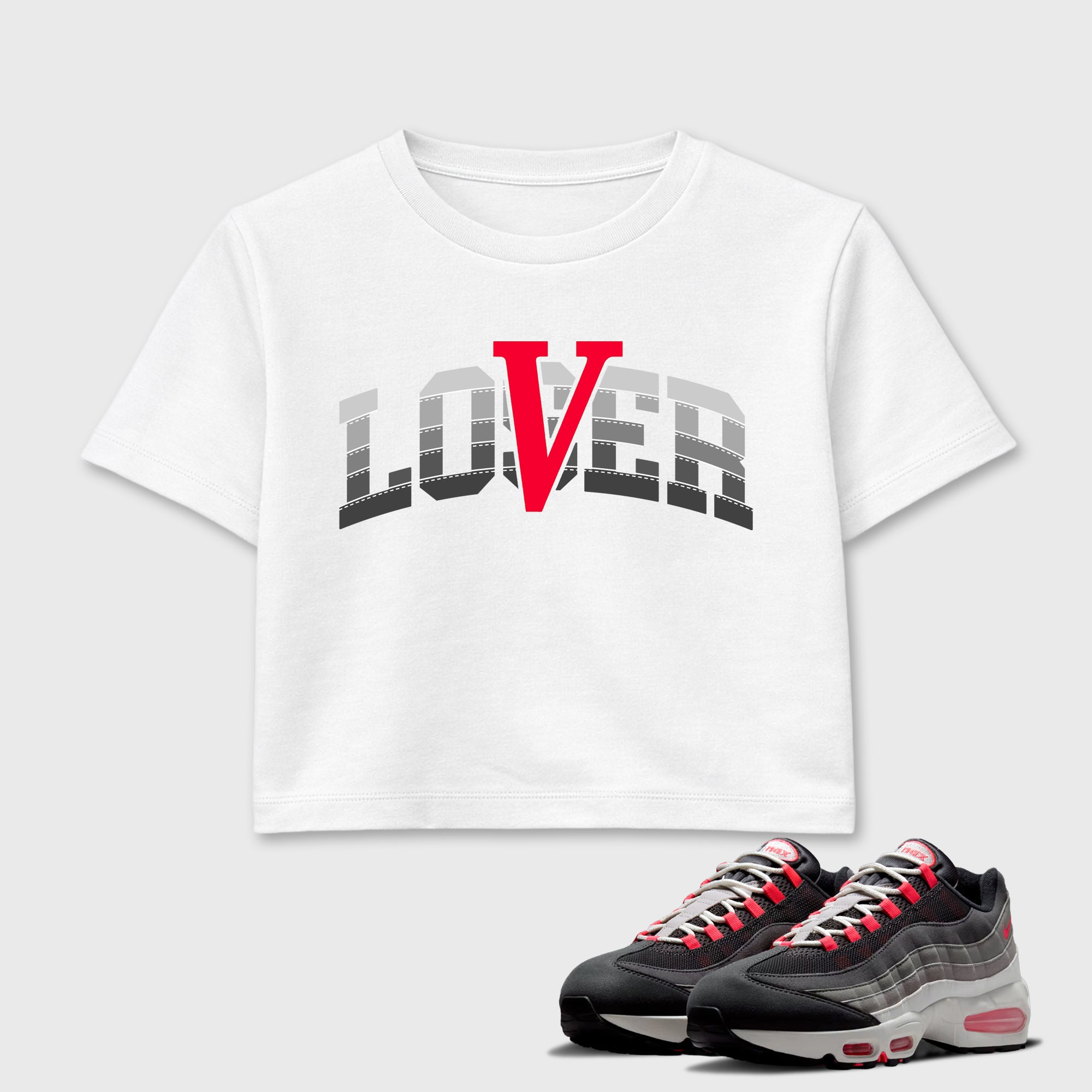 Varsity Loser Lover women’s crop tee designed to match the Air Max 95 Reverse Solar Red, featuring coordinated White 1 options for a perfect streetwear vibe.