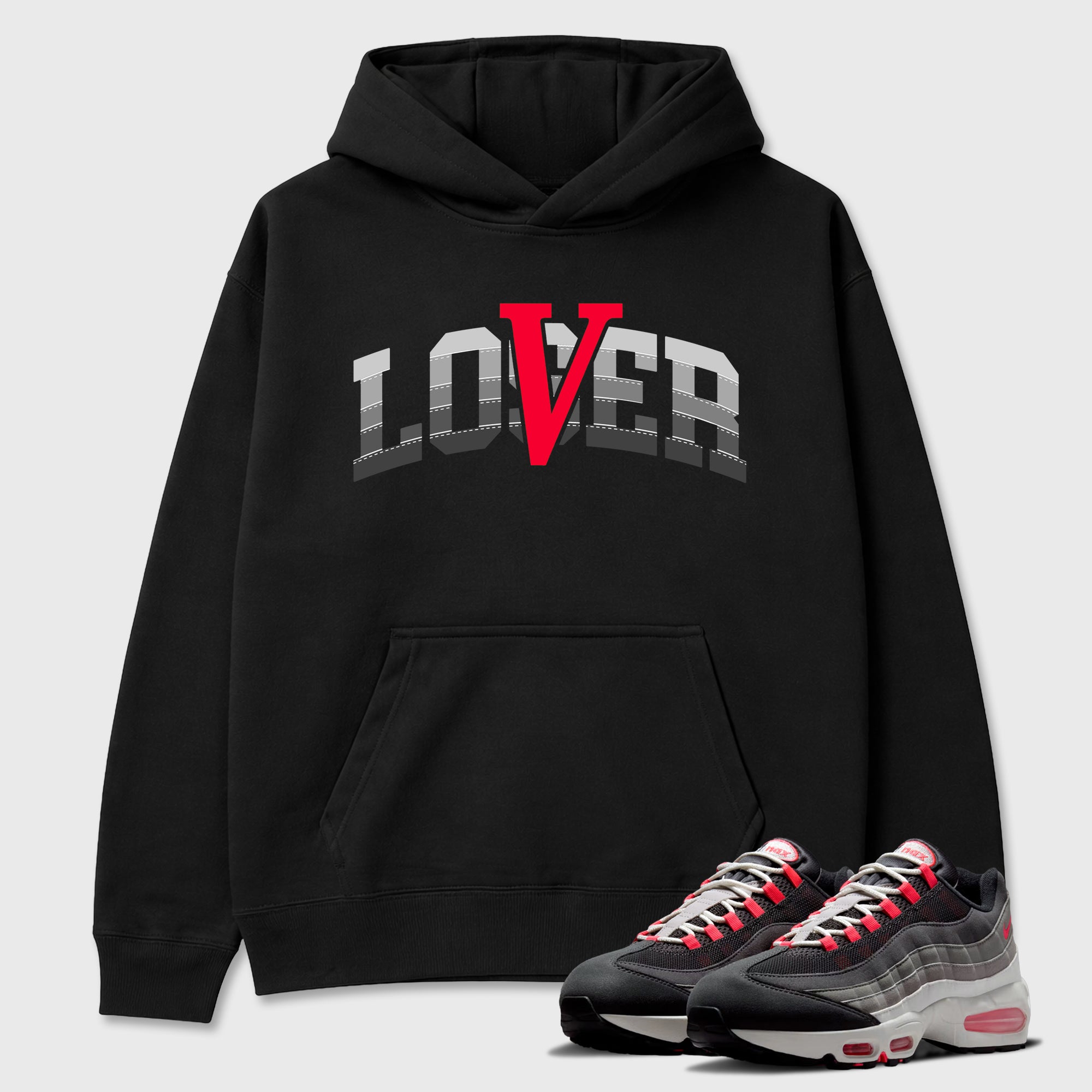 Varsity Loser Lover Graphic T-Shirt featuring original streetwear artwork designed to match the Air Max 95 Reverse Solar Red. Black 1 Graphic Tee.