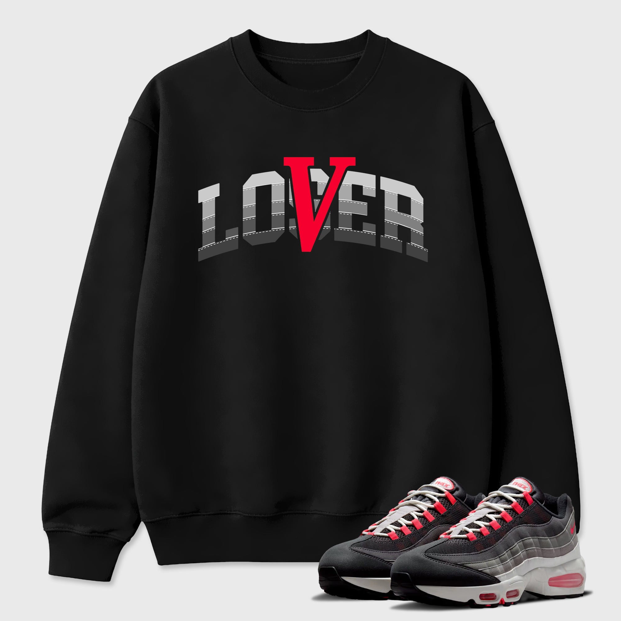 Varsity Loser Lover Graphic T-Shirt featuring original streetwear artwork designed to match the Air Max 95 Reverse Solar Red. Black 1 Graphic Tee.