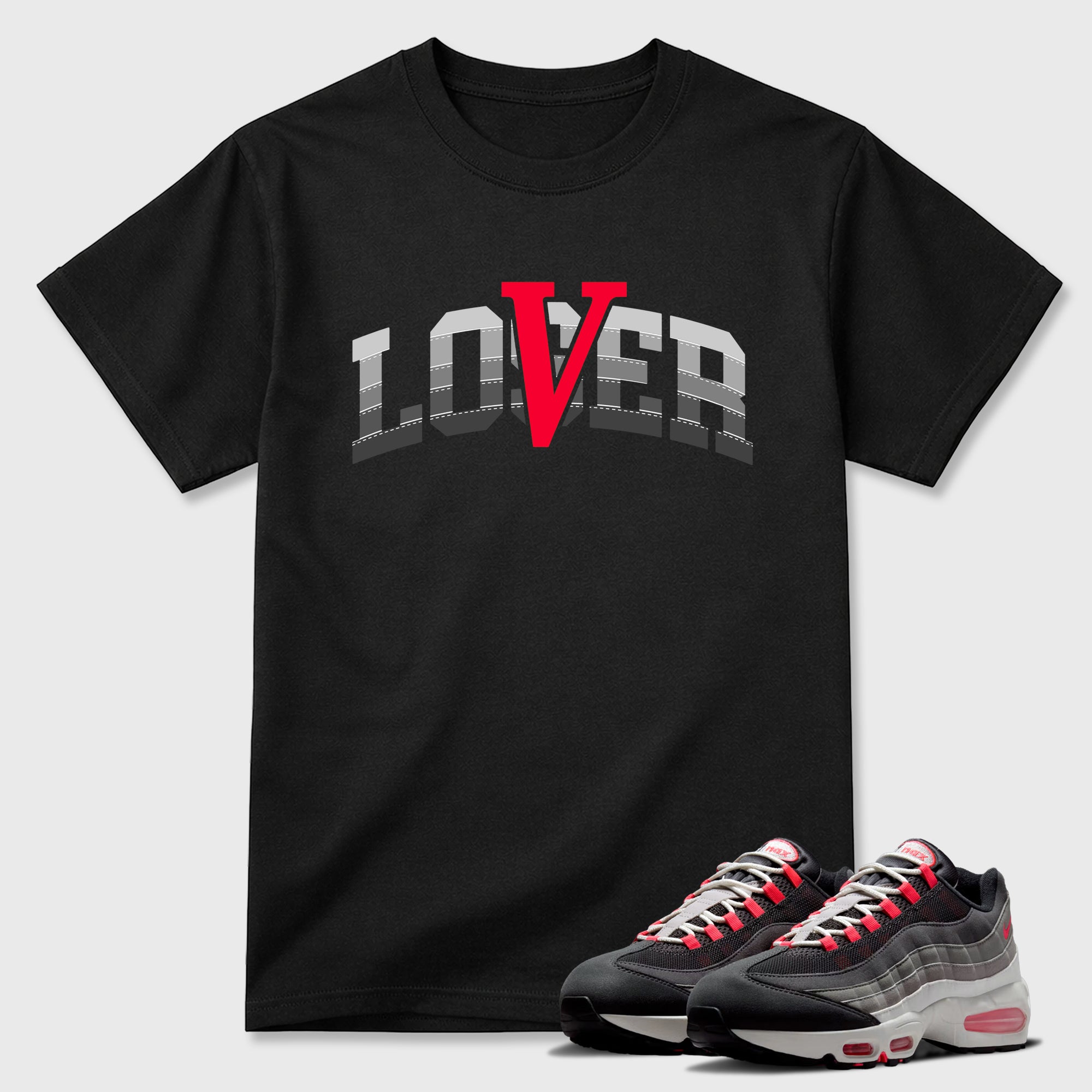 Varsity Loser Lover Graphic T-Shirt featuring original streetwear artwork designed to match the Air Max 95 Reverse Solar Red. Black 1 Graphic T-Shirt.