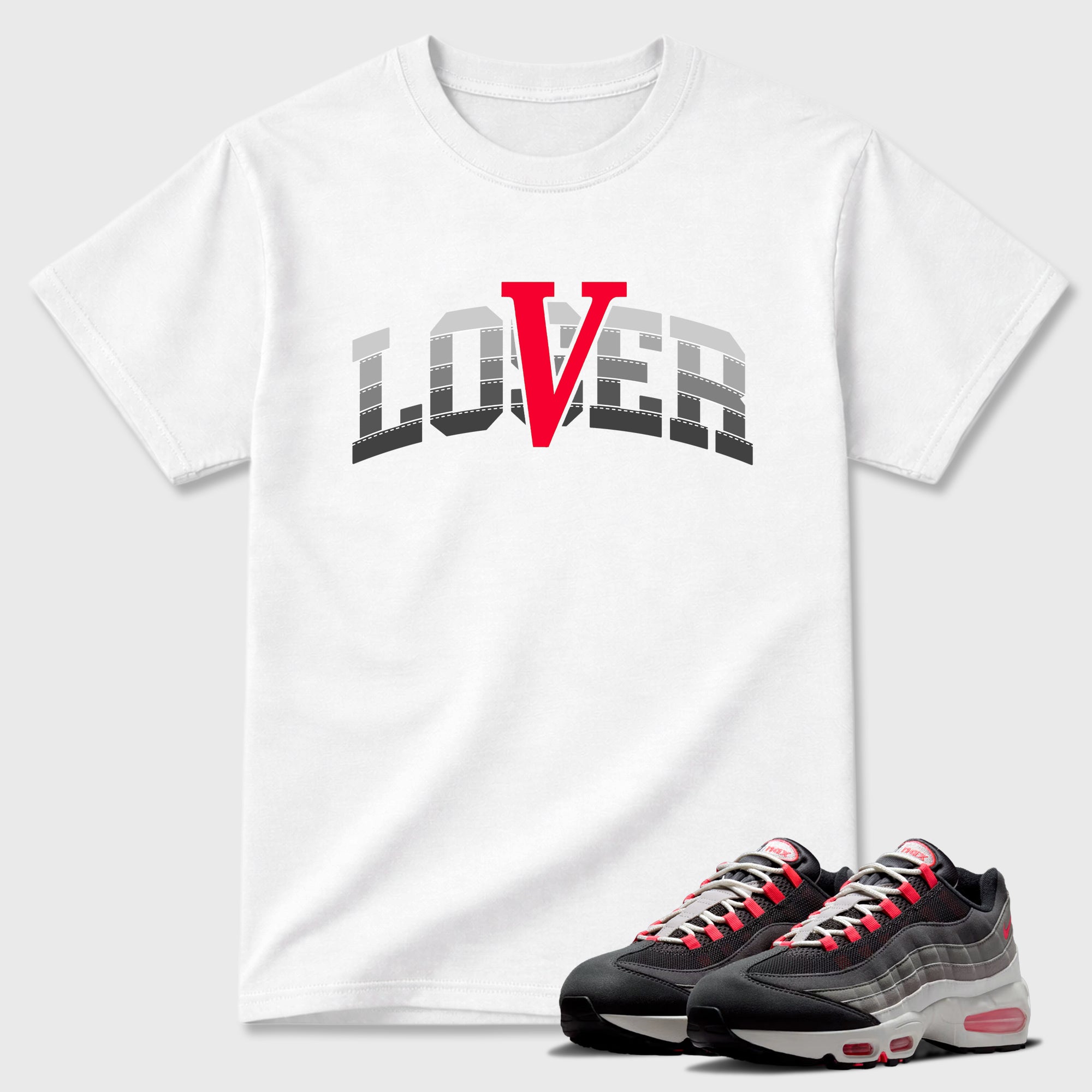 Varsity Loser Lover Graphic T-Shirt featuring original streetwear artwork designed to match the Air Max 95 Reverse Solar Red. White 1 Graphic T-Shirt.