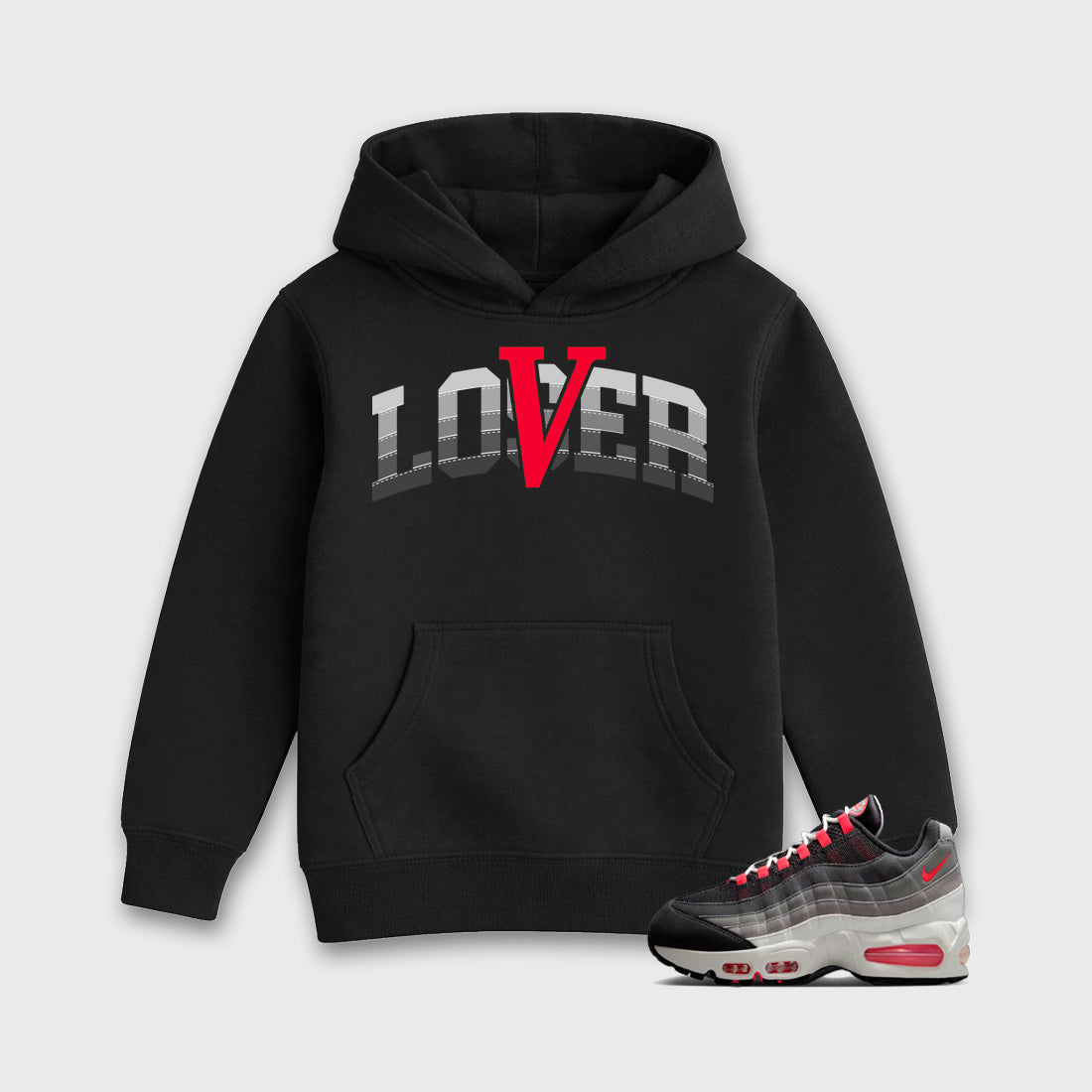 Varsity Loser Lover Baby & Kids Graphic Hoodie featuring original artwork designed to match the Air Max 95 Reverse Solar Red. Black 1 Kids Graphic Sweater.