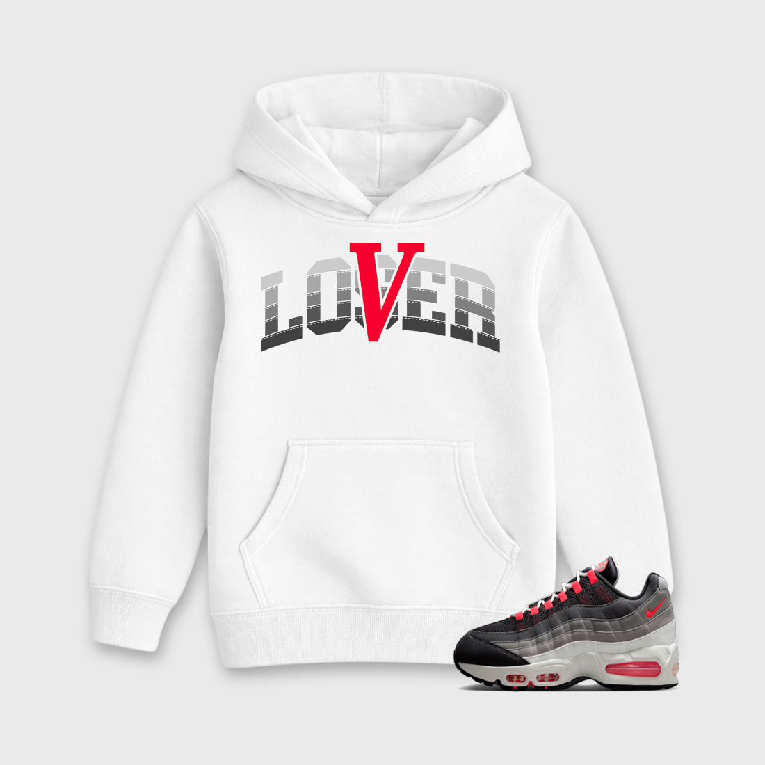 Varsity Loser Lover Baby & Kids Graphic Hoodie featuring original artwork designed to match the Air Max 95 Reverse Solar Red. White 1 Kids Graphic Sweater.