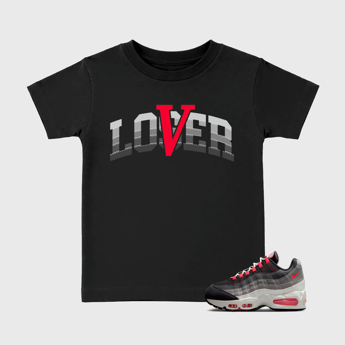 Varsity Loser Lover Baby & Kids Graphic T-Shirt featuring original artwork designed to match the Air Max 95 Reverse Solar Red. Black 1 Kids Graphic Tee.
