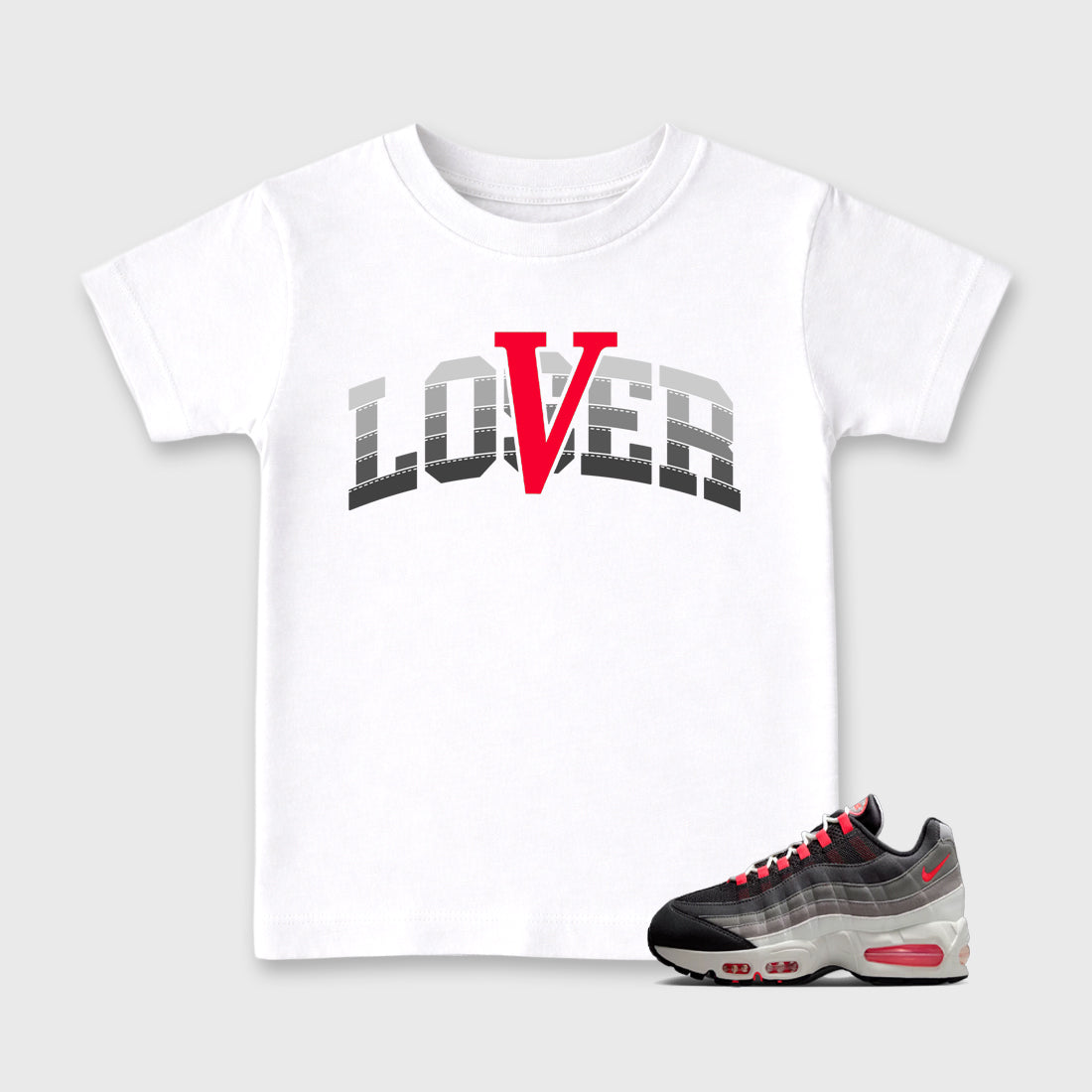 Varsity Loser Lover Baby & Kids Graphic T-Shirt featuring original artwork designed to match the Air Max 95 Reverse Solar Red. White 1 Kids Graphic Tee.