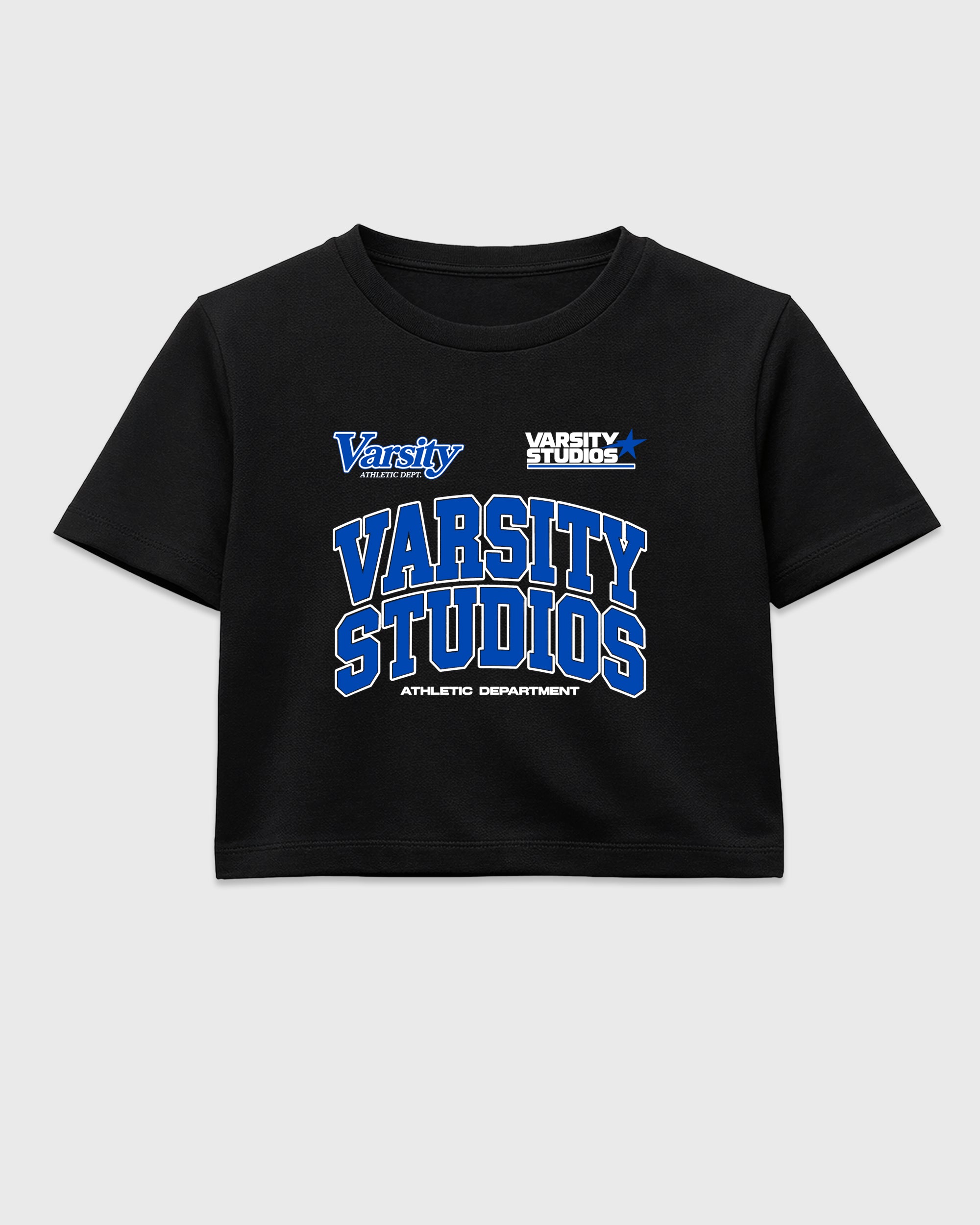 Varsity Studios women’s crop tee designed to match the Air Jordan 1 High OG 'Royal', featuring coordinated Black 2 options for a perfect streetwear vibe.
