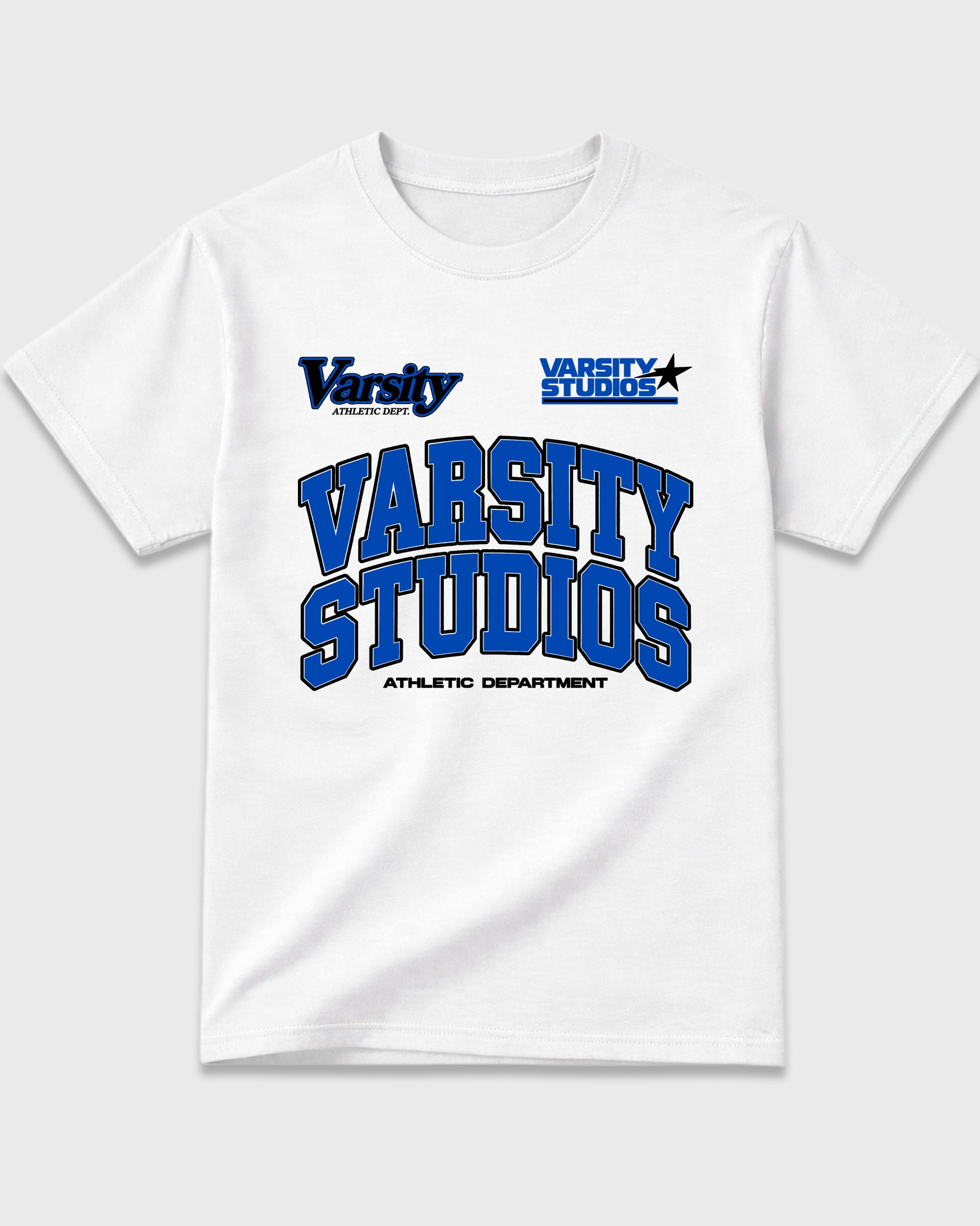 Varsity Studios Graphic T-Shirt featuring original streetwear artwork designed to match the Air Jordan 1 High OG 'Royal'. White 2 Graphic T-Shirt.