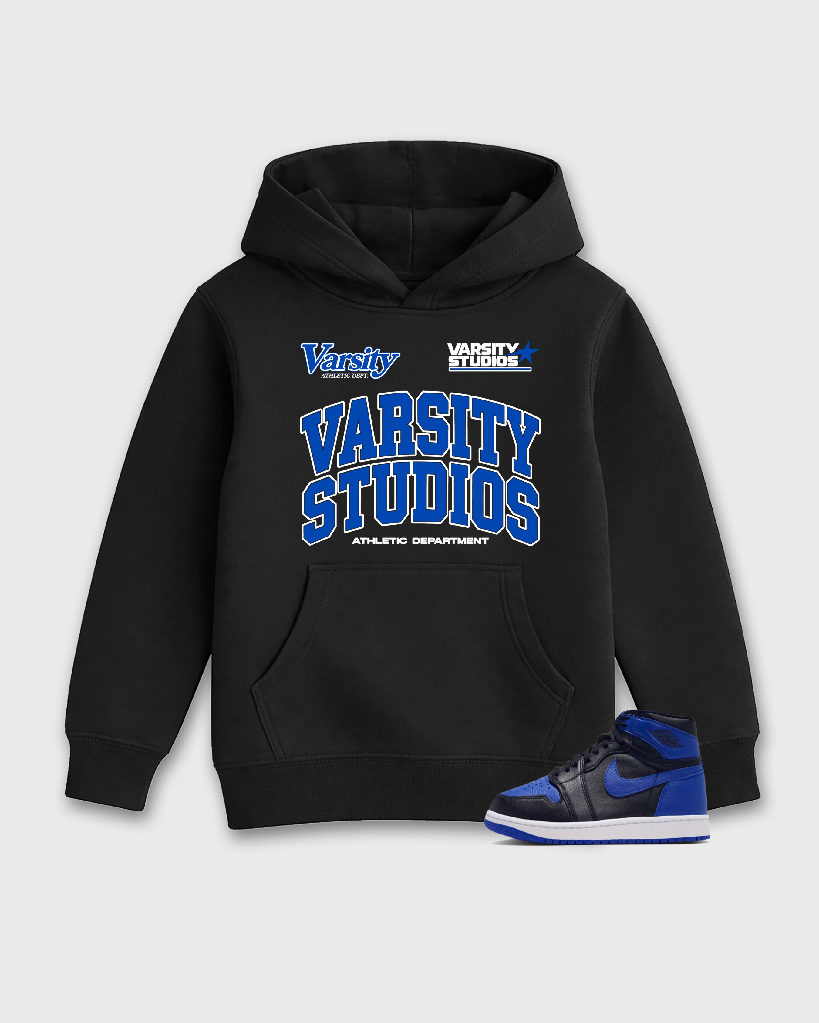 Varsity Studios Baby & Kids Graphic Hoodie featuring original artwork designed to match the Air Jordan 1 High OG 'Royal'. Black 1 Kids Graphic Sweater.