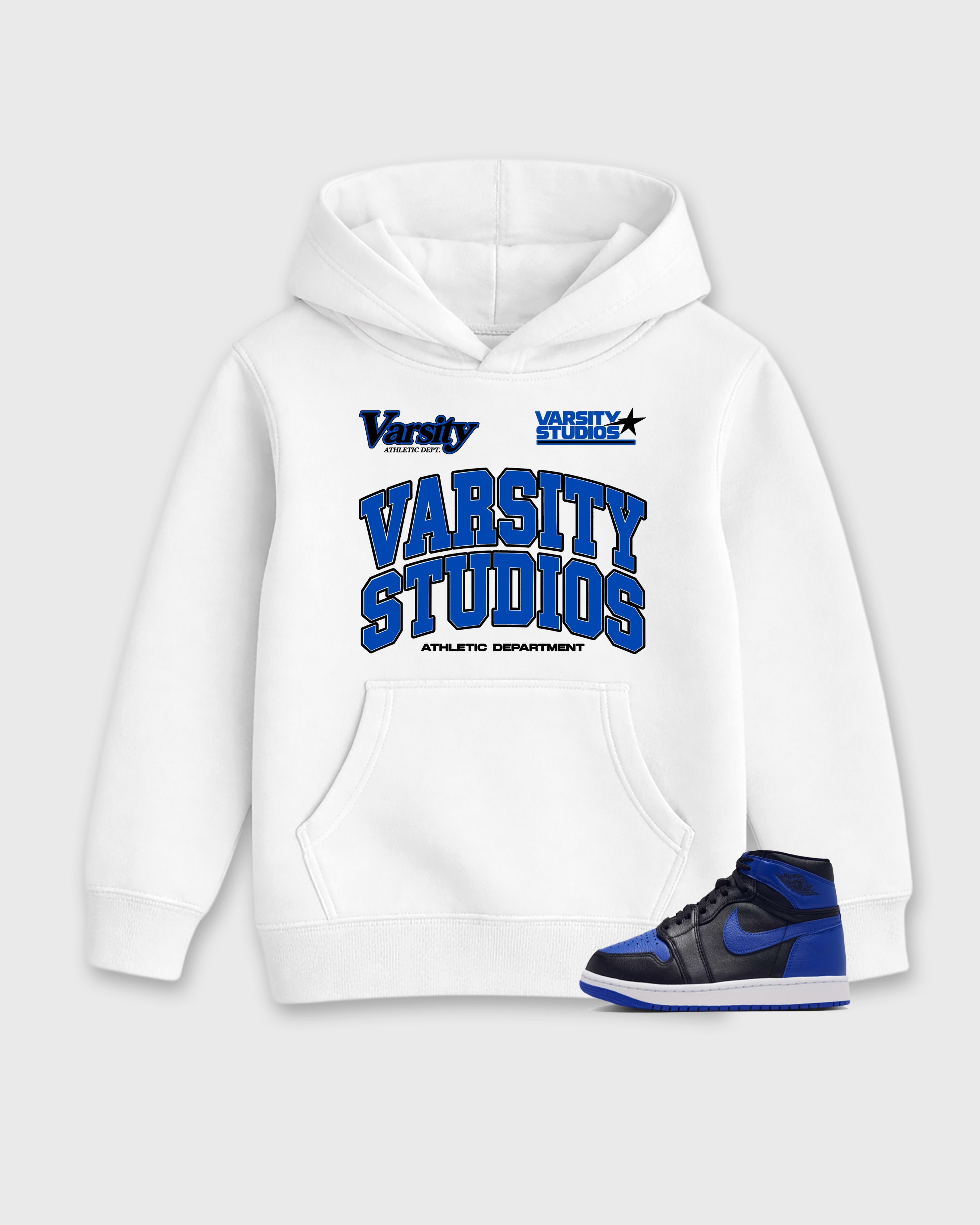 Varsity Studios Baby & Kids Graphic Hoodie featuring original artwork designed to match the Air Jordan 1 High OG 'Royal'. White 1 Kids Graphic Sweater.