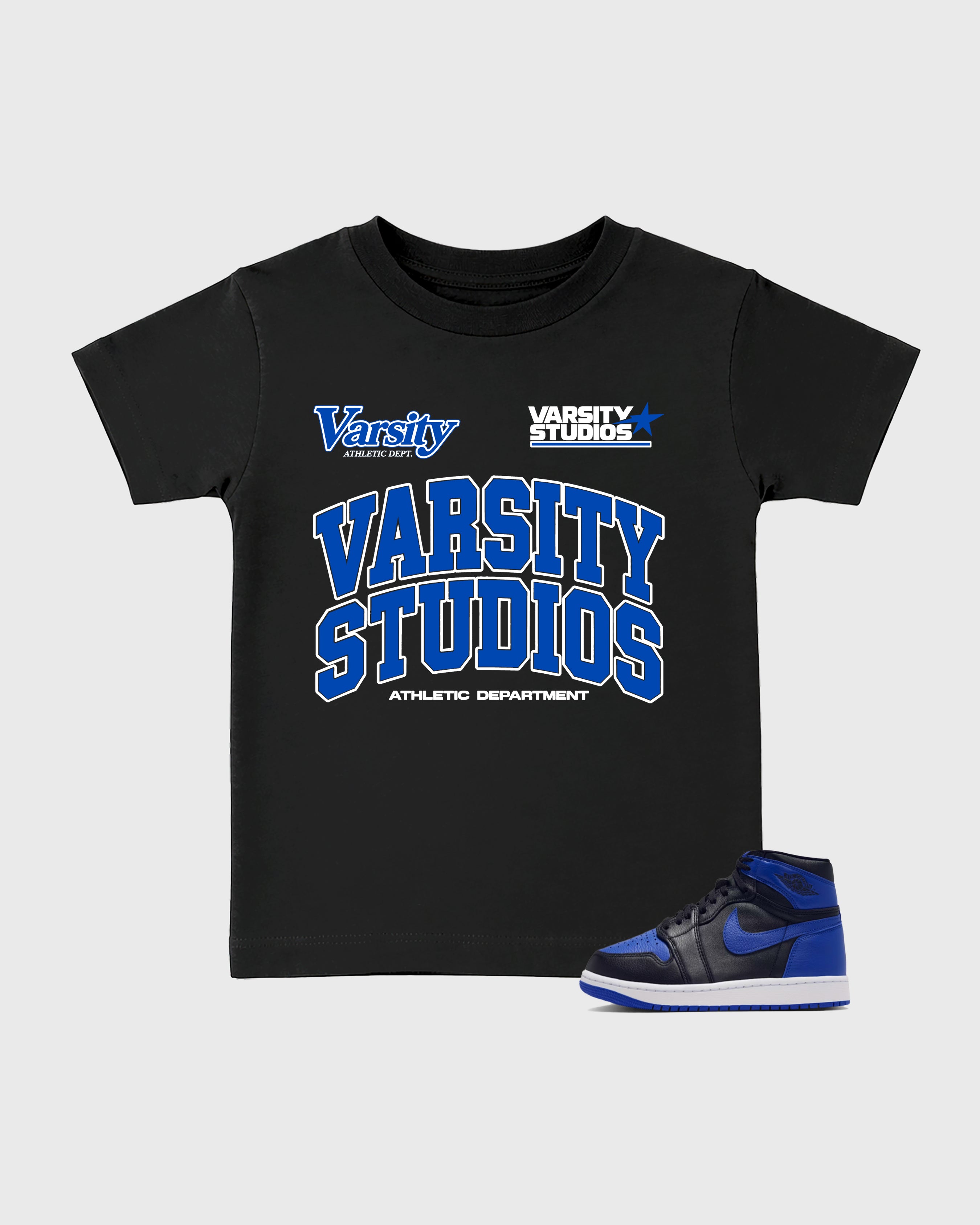 Varsity Studios Baby & Kids Graphic T-Shirt featuring original artwork designed to match the Air Jordan 1 High OG 'Royal'. Black 1 Kids Graphic Tee.