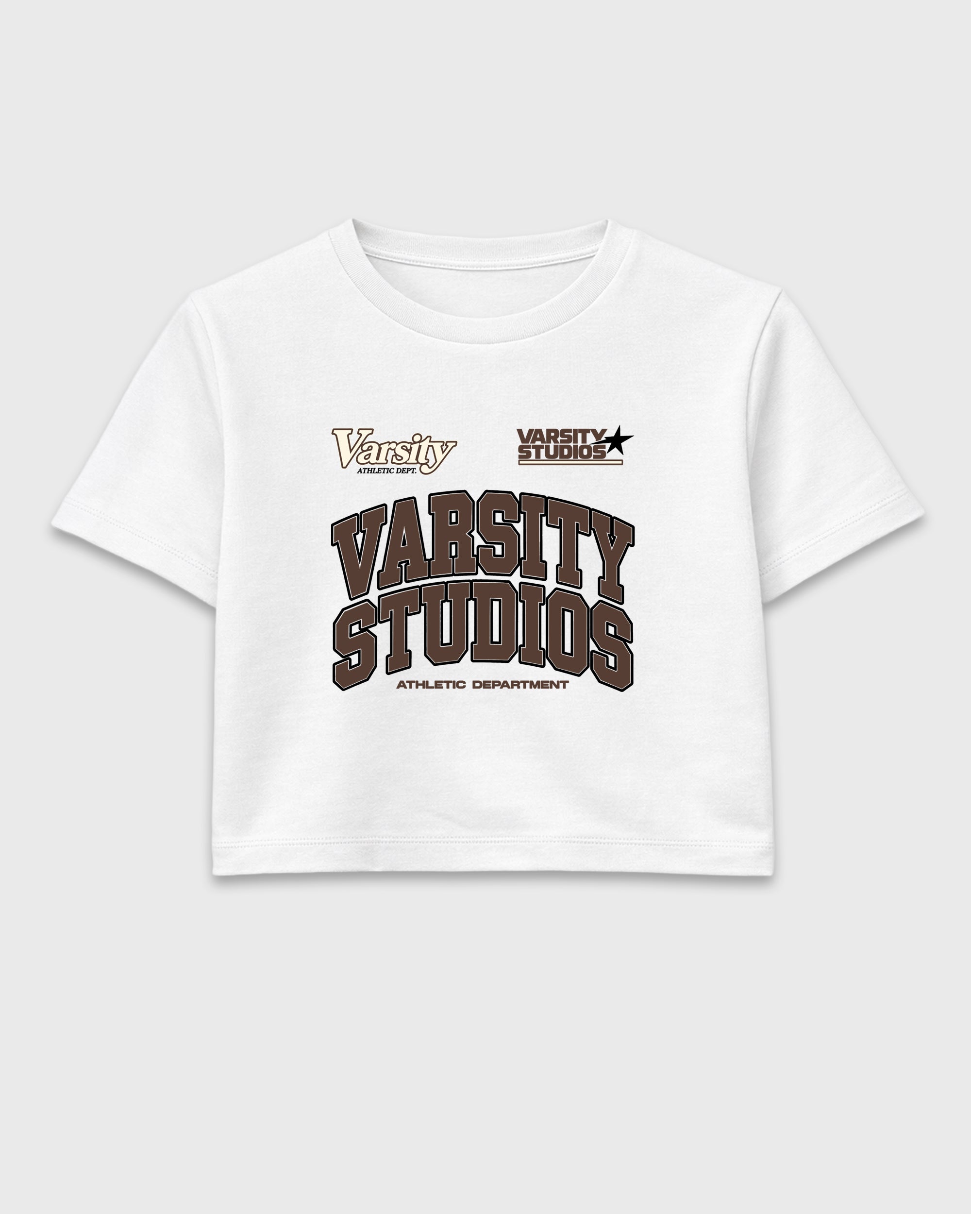 Varsity Studios women’s crop tee designed to match the Air Jordan 12 Fireside, featuring coordinated White 2 options for a perfect streetwear vibe.