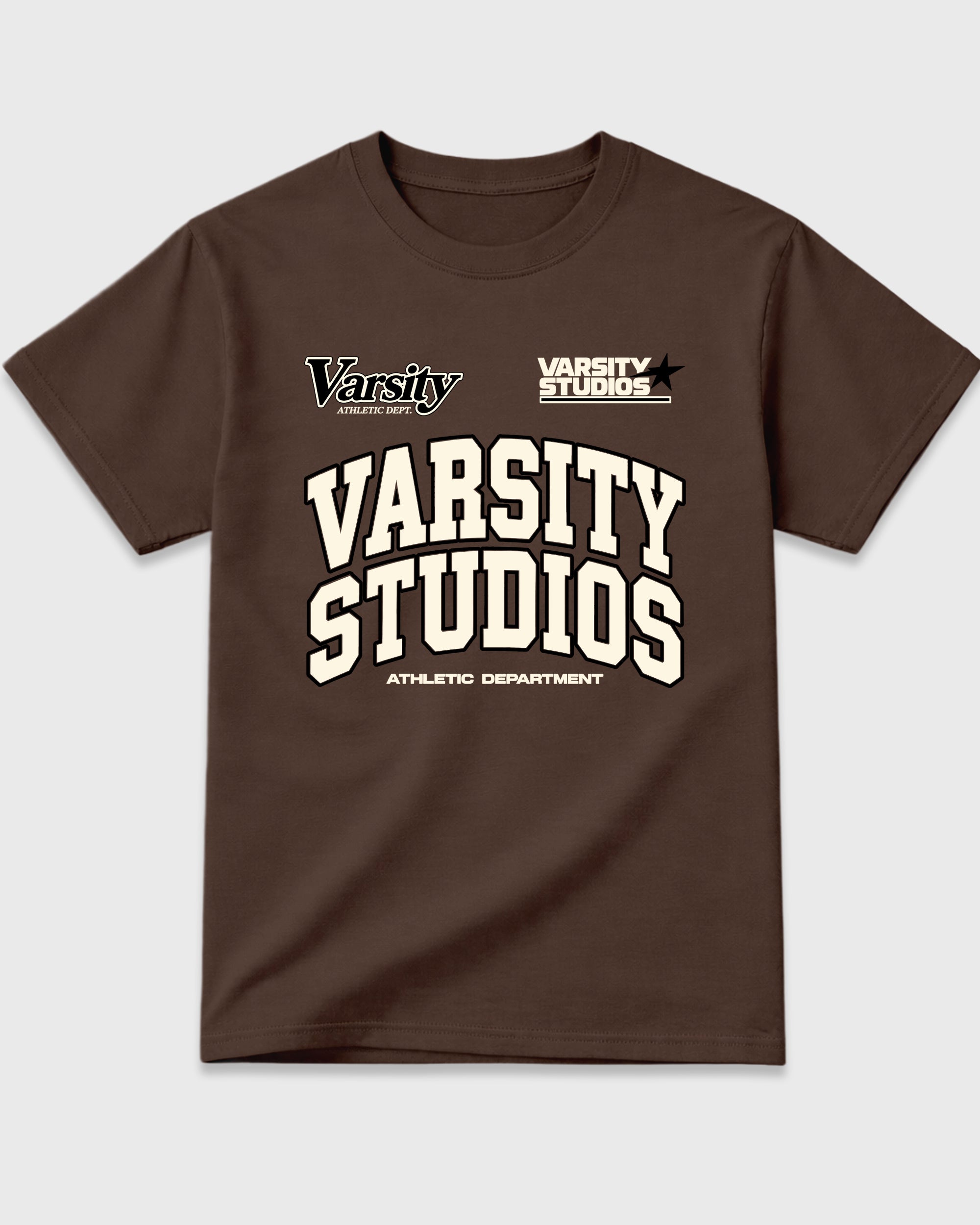 Varsity Studios Graphic T-Shirt featuring original streetwear artwork designed to match the Air Jordan 12 Fireside. Dark Chocolate 2 Graphic T-Shirt.