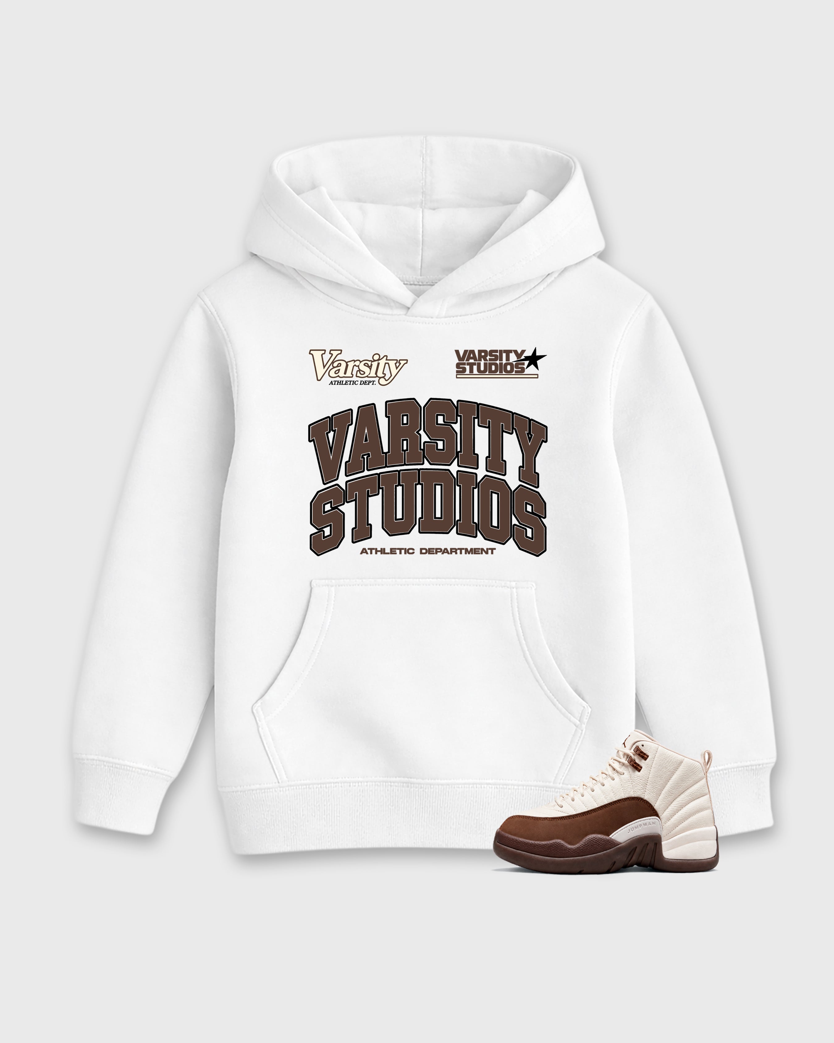 Varsity Studios Baby & Kids Graphic Hoodie featuring original artwork designed to match the Air Jordan 12 Fireside. White 1 Kids Graphic Sweater.