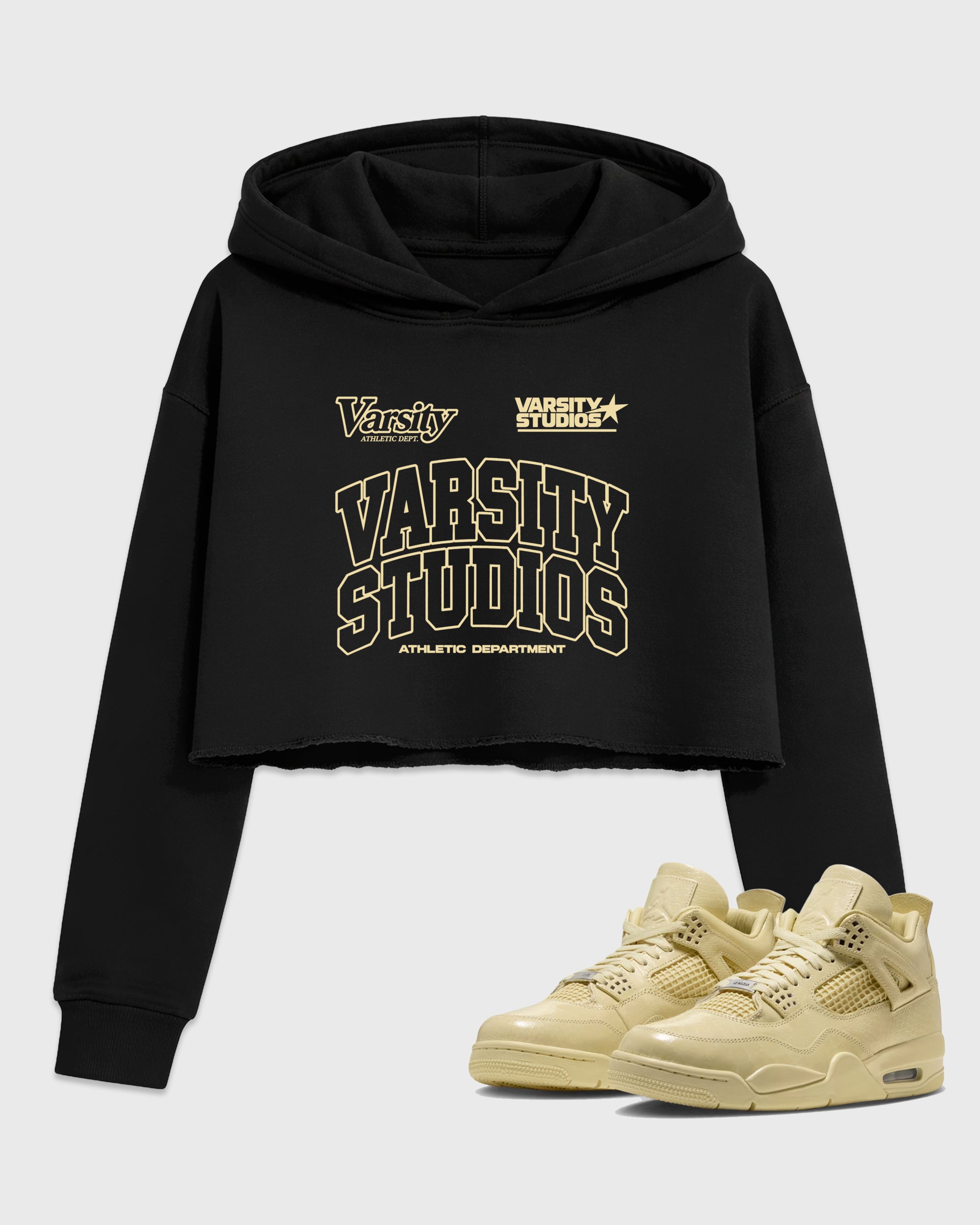 Varsity Studios Women’s Graphic Crop Tee featuring original streetwear artwork designed to match the Air Jordan 4 X J Balvin 'Amazonas'. Black 1 Crop Tee.