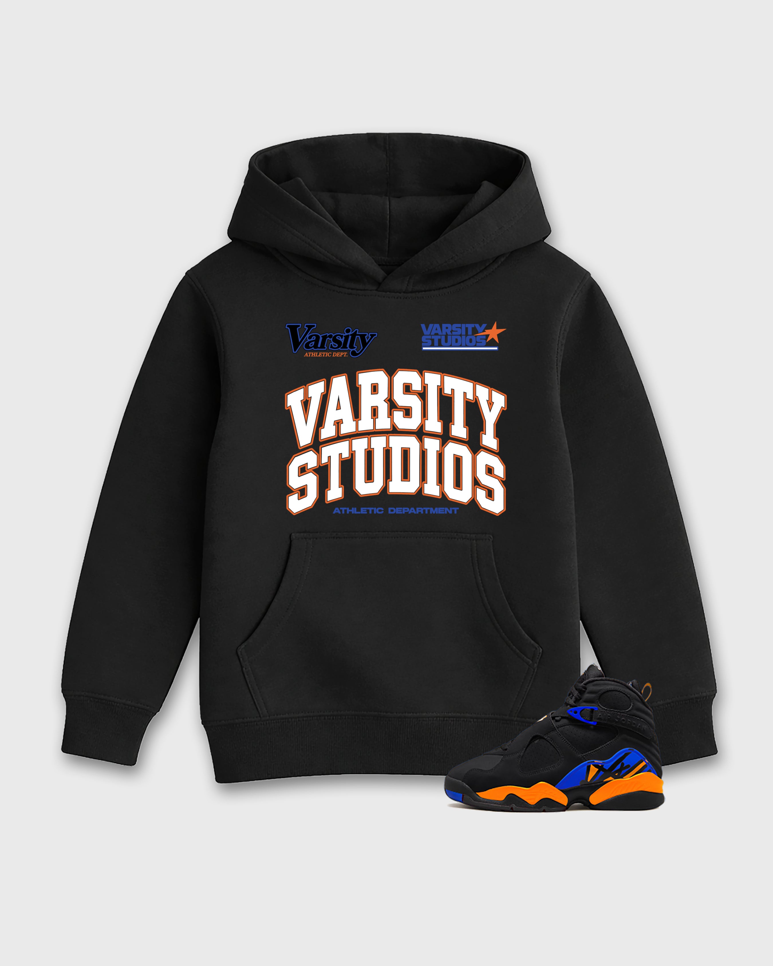 Varsity Studios Baby & Kids Graphic Hoodie featuring original artwork designed to match the Air Jordan 8 Knicks. Black 1 Kids Graphic Sweater.