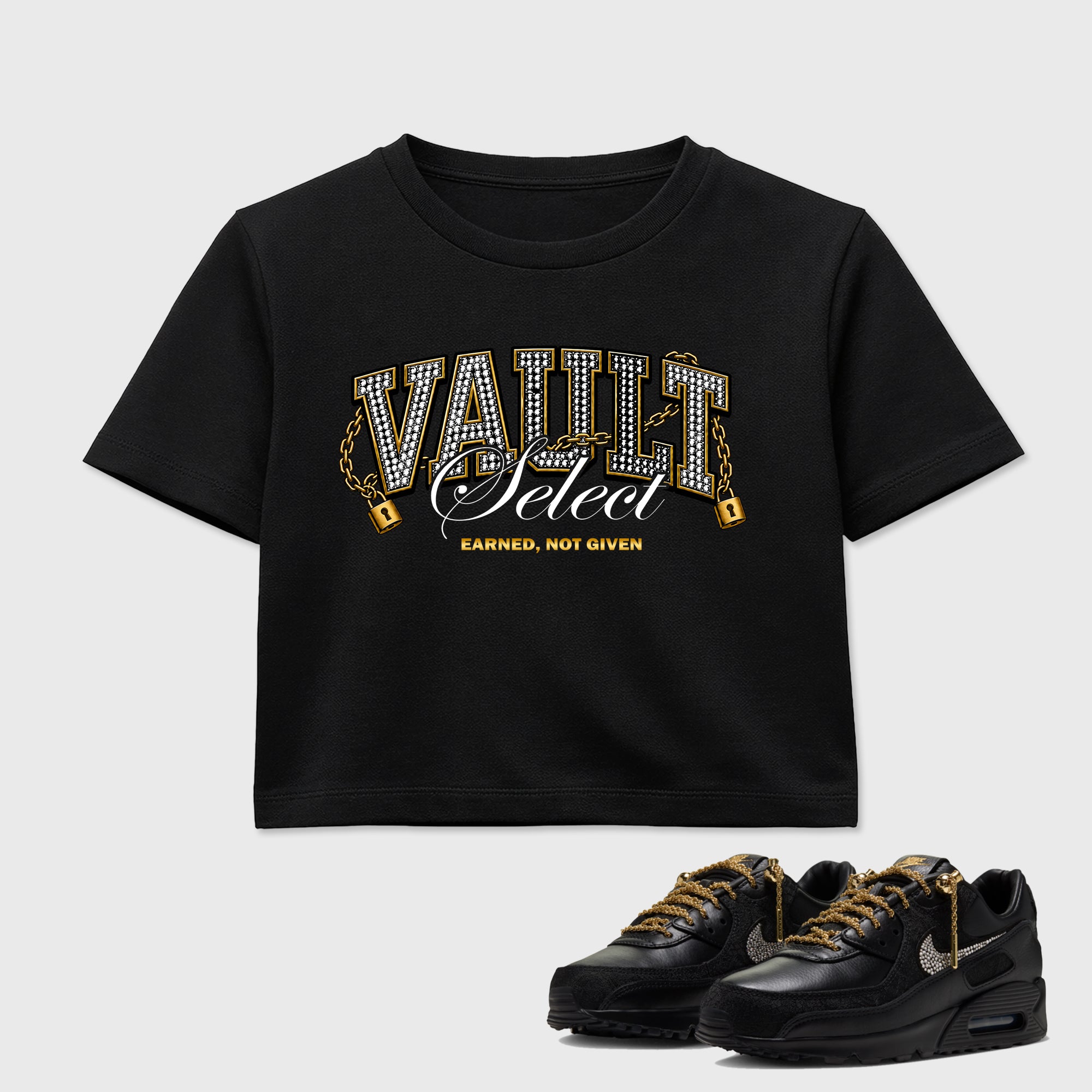 Vault women’s crop tee designed to match the Air Max 90 Trophies, featuring coordinated Black 1 options for a perfect streetwear vibe.