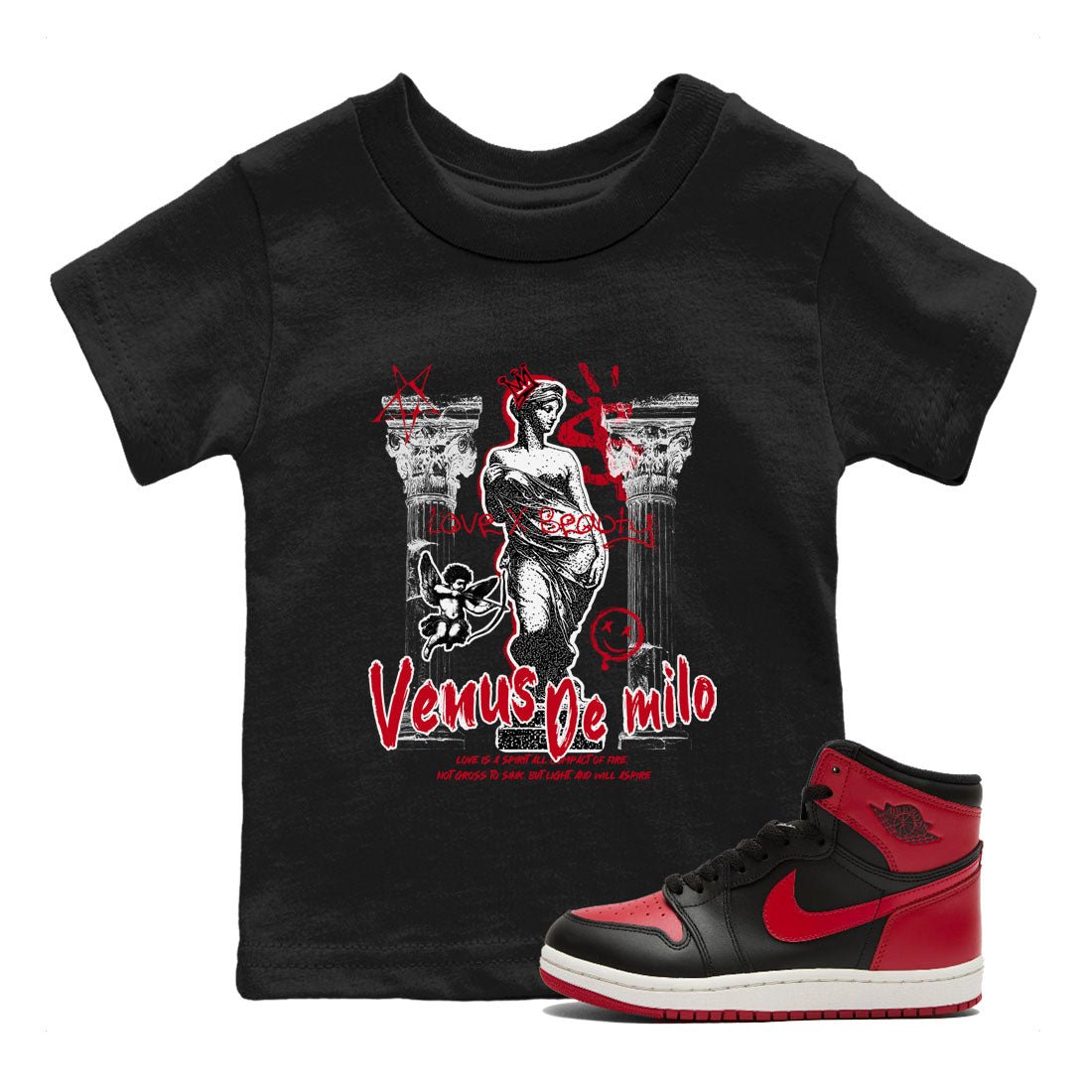 1s '85 Bred shirts to match jordans Venus De Milo best t shirts to wear with jordans AJ1 Retro High OG '85 Bred match shoes to clothes SNRT Sneaker Tees Youth Baby Black 1 tee