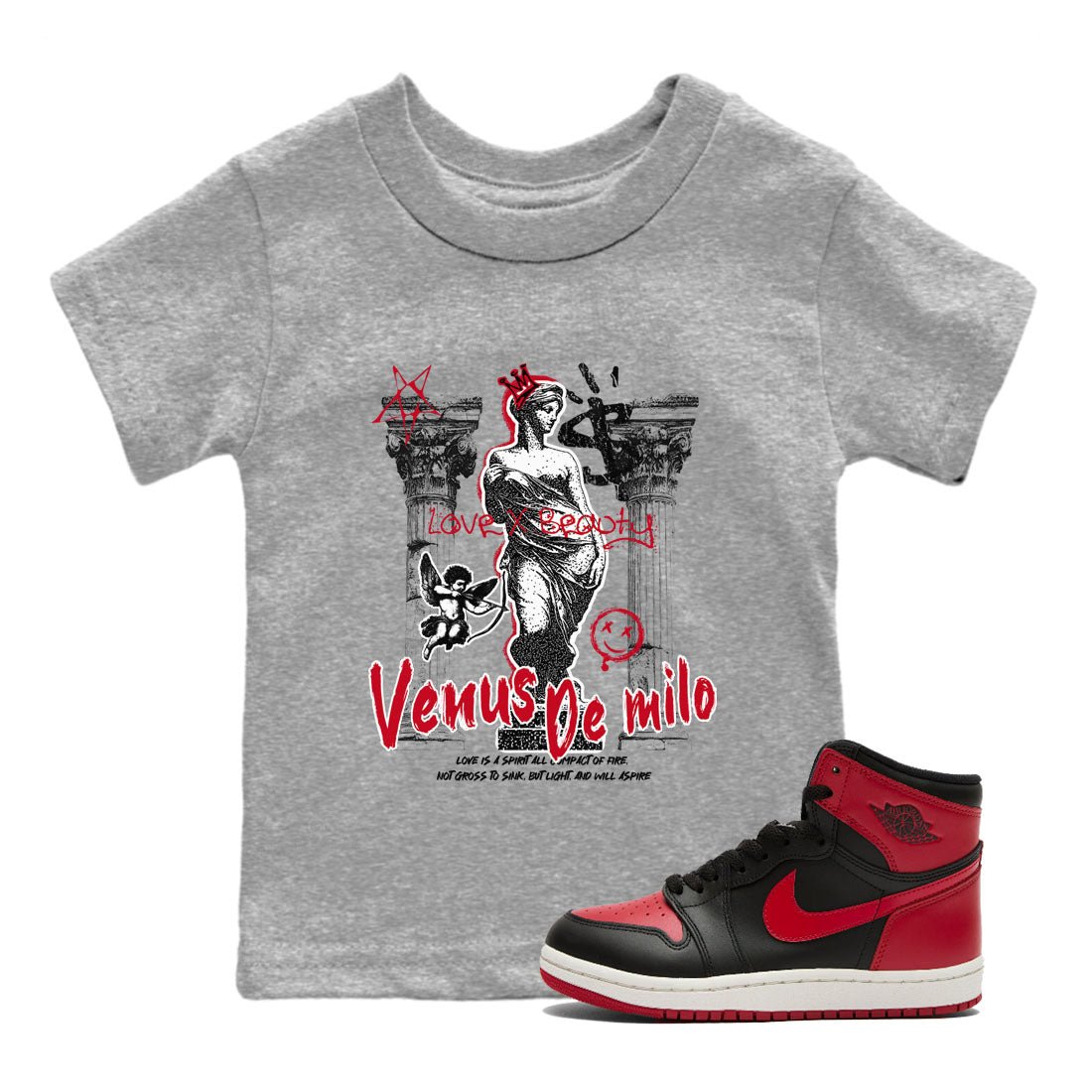 1s '85 Bred shirts to match jordans Venus De Milo best t shirts to wear with jordans AJ1 Retro High OG '85 Bred match shoes to clothes SNRT Sneaker Tees Youth Baby Heather Grey 1 tee