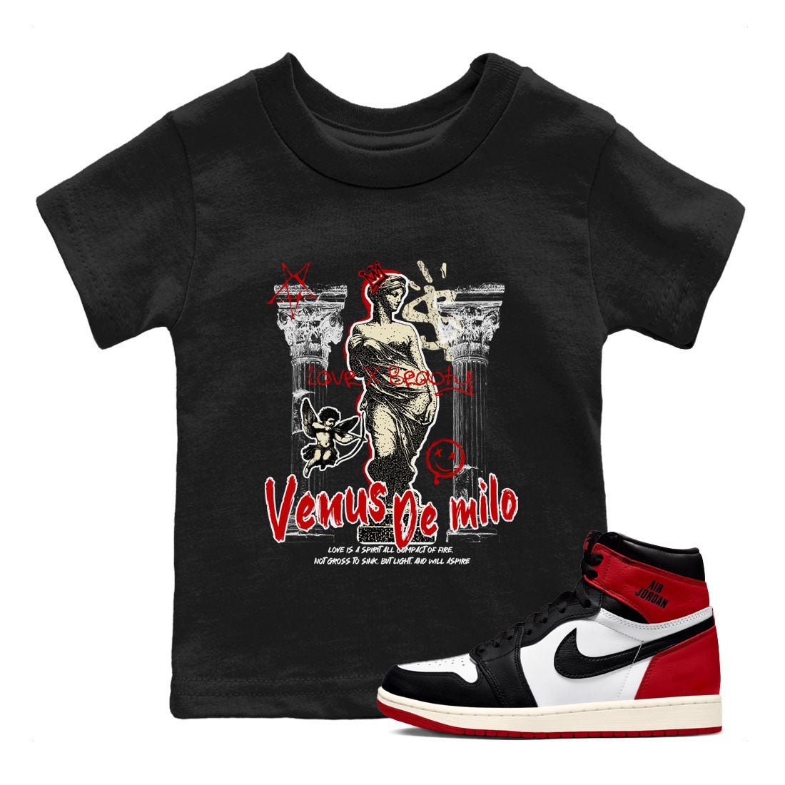 1s Black Toe Reimagined shirts to match jordans Venus De Milo best t shirts to wear with jordans AJ1 High OG Black Toe Reimagined match shoes to clothes SNRT Sneaker Tees Youth Baby Black 1 tee