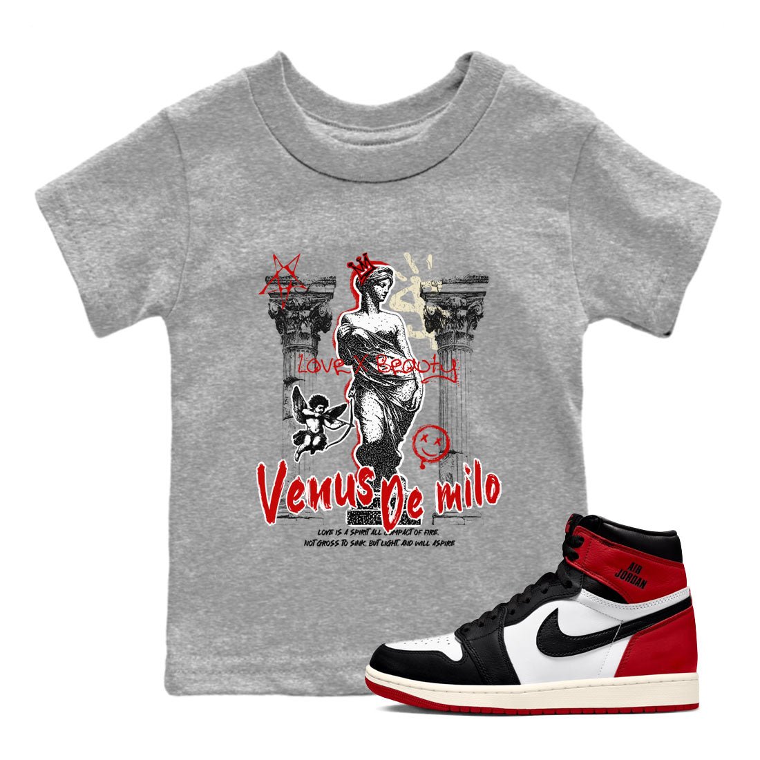 1s Black Toe Reimagined shirts to match jordans Venus De Milo best t shirts to wear with jordans AJ1 High OG Black Toe Reimagined match shoes to clothes SNRT Sneaker Tees Youth Baby Heather Grey 1 tee