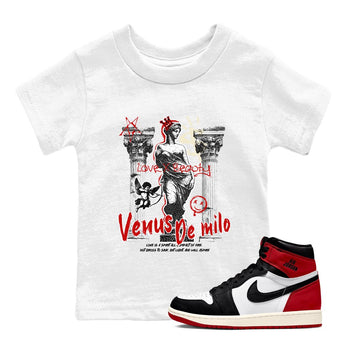 1s Black Toe Reimagined shirts to match jordans Venus De Milo best t shirts to wear with jordans AJ1 High OG Black Toe Reimagined match shoes to clothes SNRT Sneaker Tees Youth Baby White 1 tee