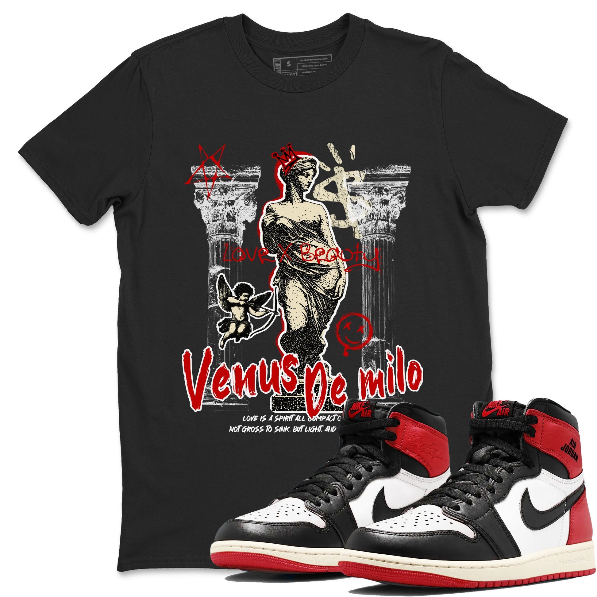 1s Black Toe Reimagined shirts to match jordans Venus De Milo best t shirts to wear with jordans AJ1 High OG Black Toe Reimagined match shoes to clothes SNRT Sneaker Tees unisex cotton Black 1 shirts