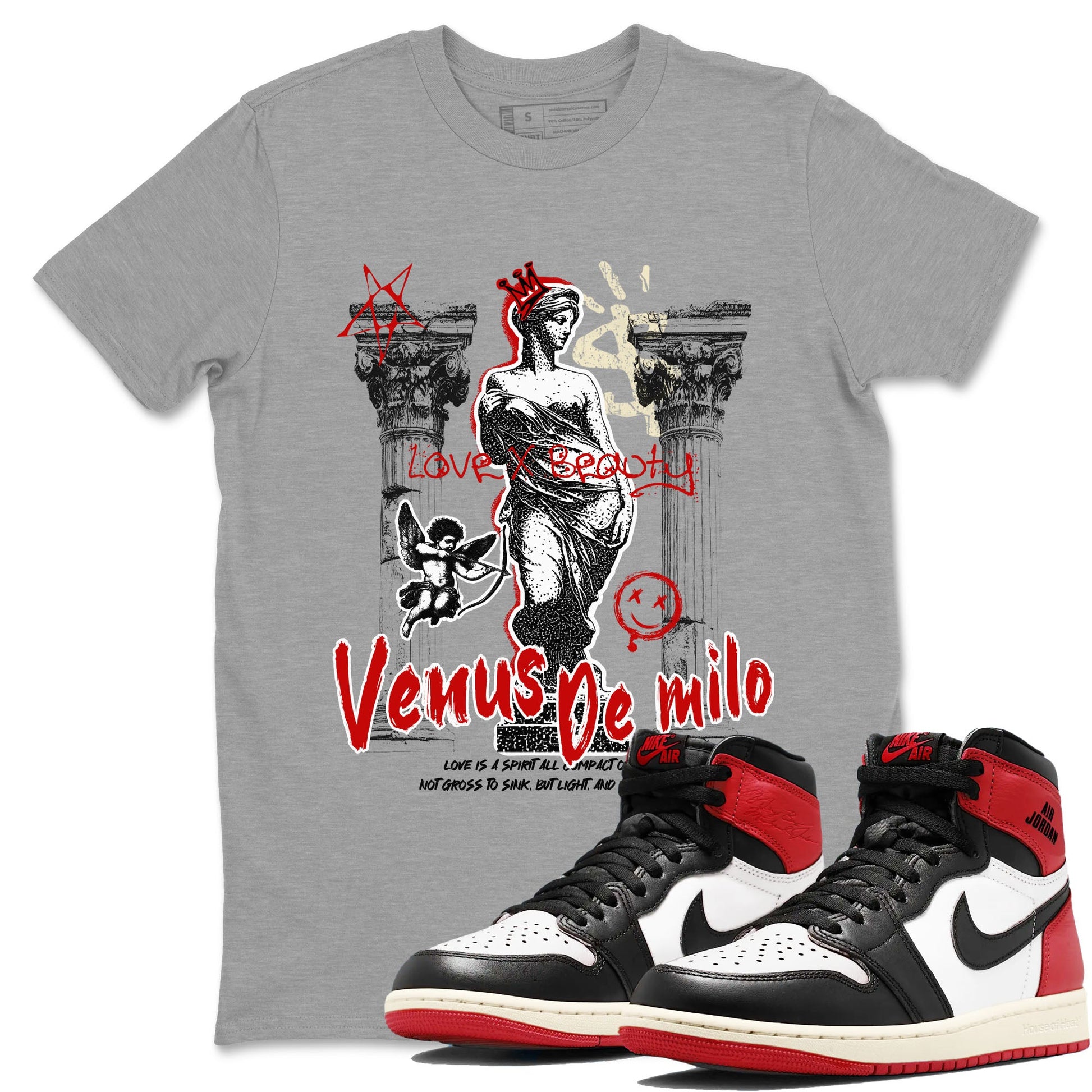 1s Black Toe Reimagined shirts to match jordans Venus De Milo best t shirts to wear with jordans AJ1 High OG Black Toe Reimagined match shoes to clothes SNRT Sneaker Tees unisex cotton Heather Grey 1 shirts