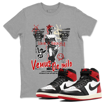 1s Black Toe Reimagined shirts to match jordans Venus De Milo best t shirts to wear with jordans AJ1 High OG Black Toe Reimagined match shoes to clothes SNRT Sneaker Tees unisex cotton Heather Grey 1 shirts