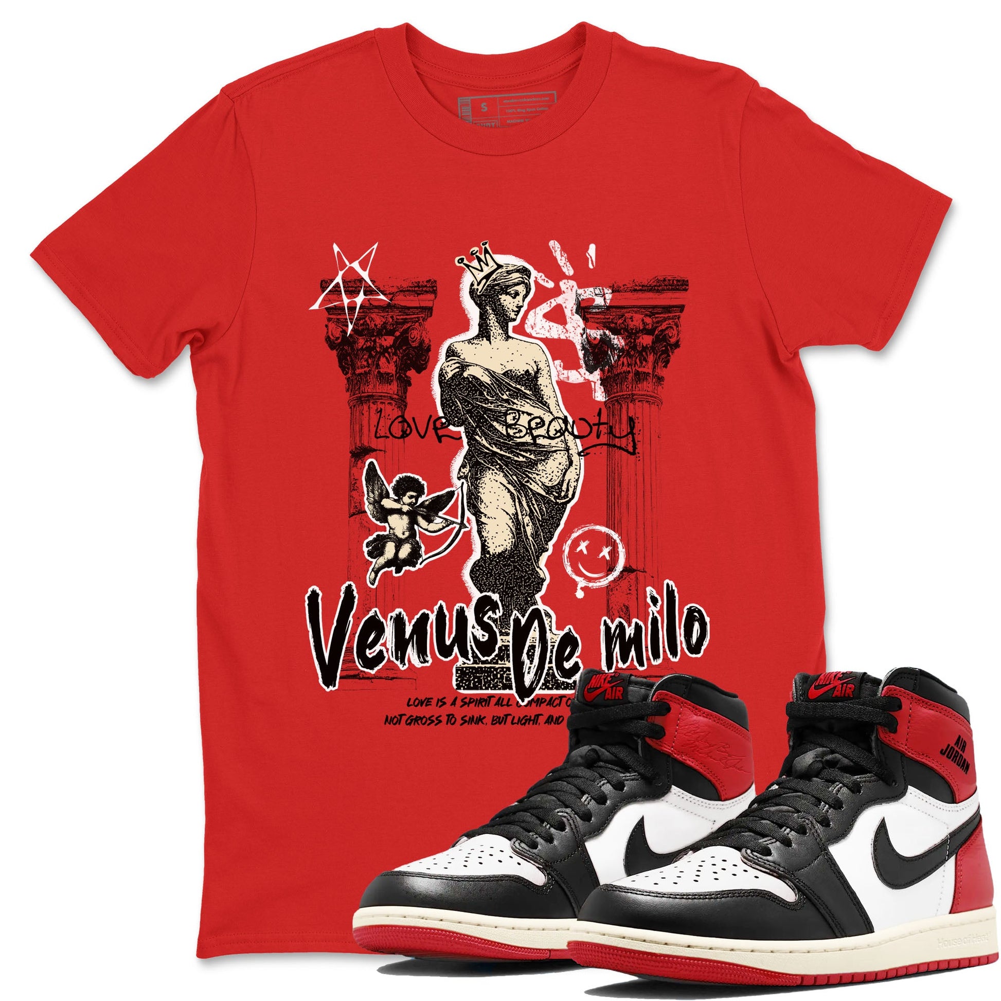 1s Black Toe Reimagined shirts to match jordans Venus De Milo best t shirts to wear with jordans AJ1 High OG Black Toe Reimagined match shoes to clothes SNRT Sneaker Tees unisex cotton Red 1 shirts