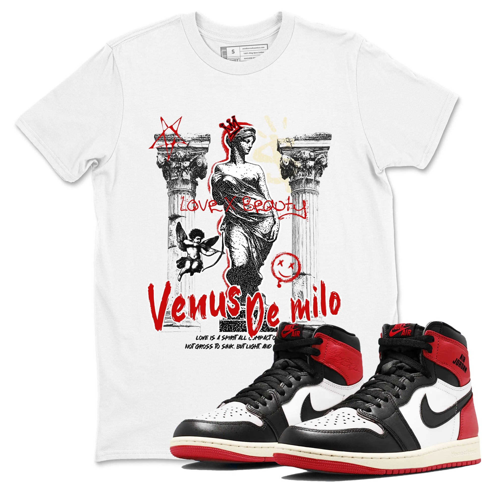 1s Black Toe Reimagined shirts to match jordans Venus De Milo best t shirts to wear with jordans AJ1 High OG Black Toe Reimagined match shoes to clothes SNRT Sneaker Tees unisex cotton White 1 shirts